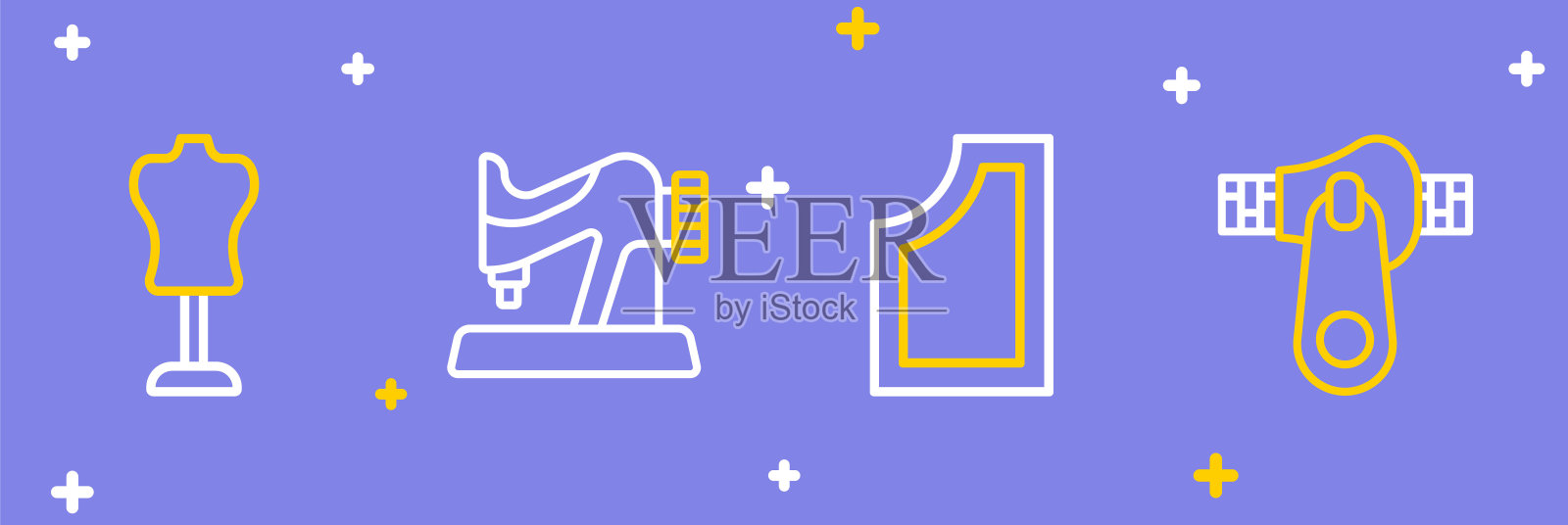 集线拉链，缝纫图案，机器和人体模型图标。向量插画图片素材