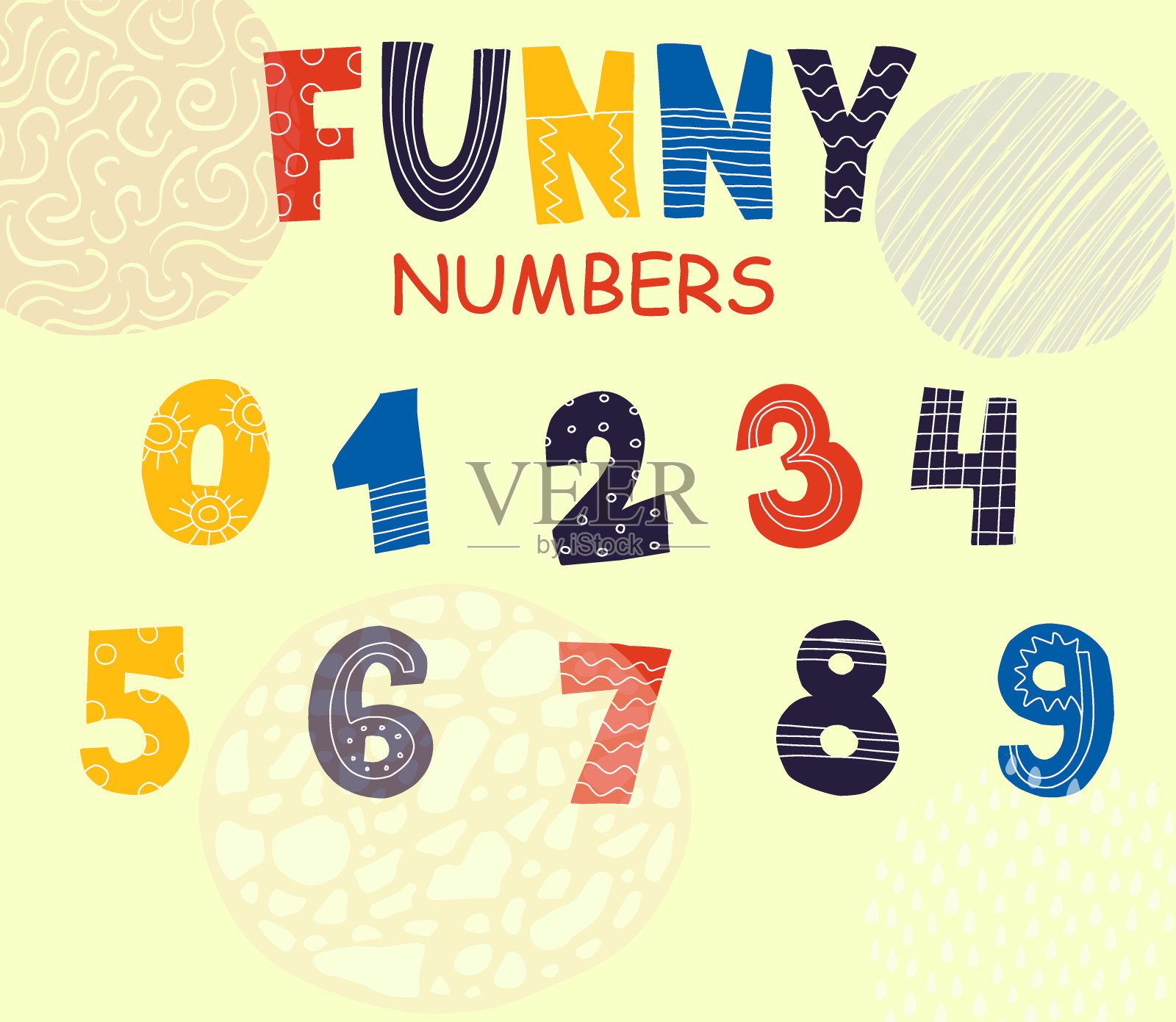 孩子们的字体。卡通漫画儿童字体。有趣的数字设计。数学符号集。装饰涂鸦文字符号与轮廓装饰。算术图标。矢量彩色字母表插画图片素材