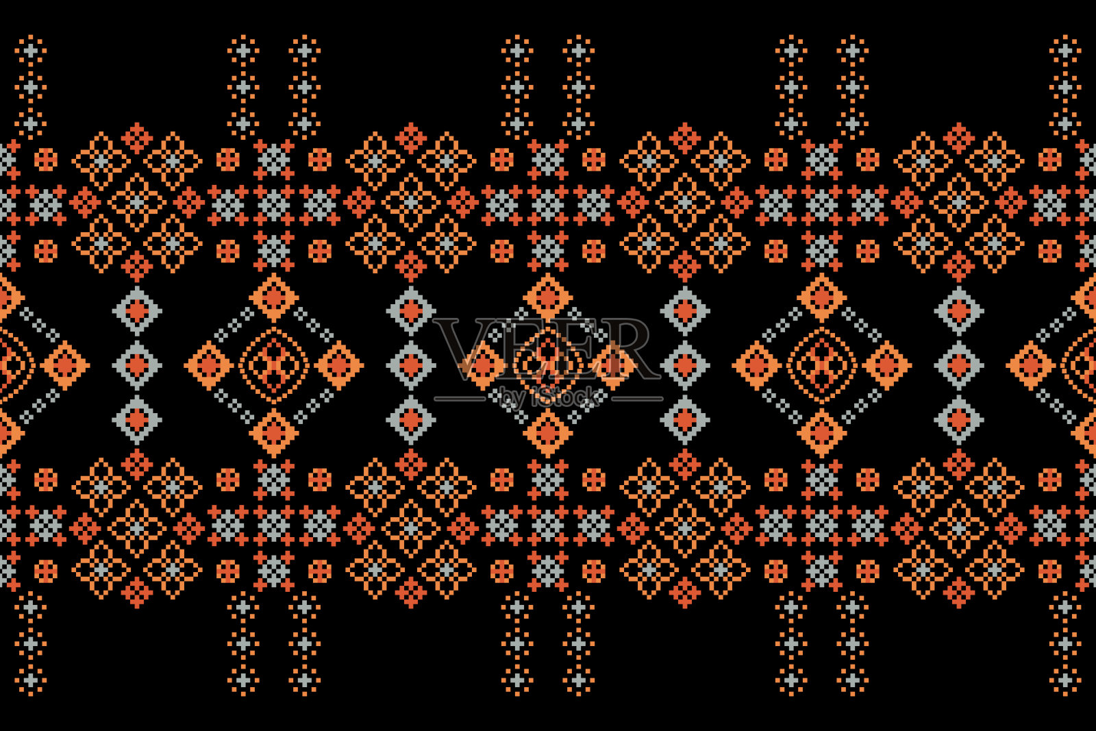 民族几何织物图案十字绣。伊卡特刺绣民族东方像素图案黑色背景。插画图片素材