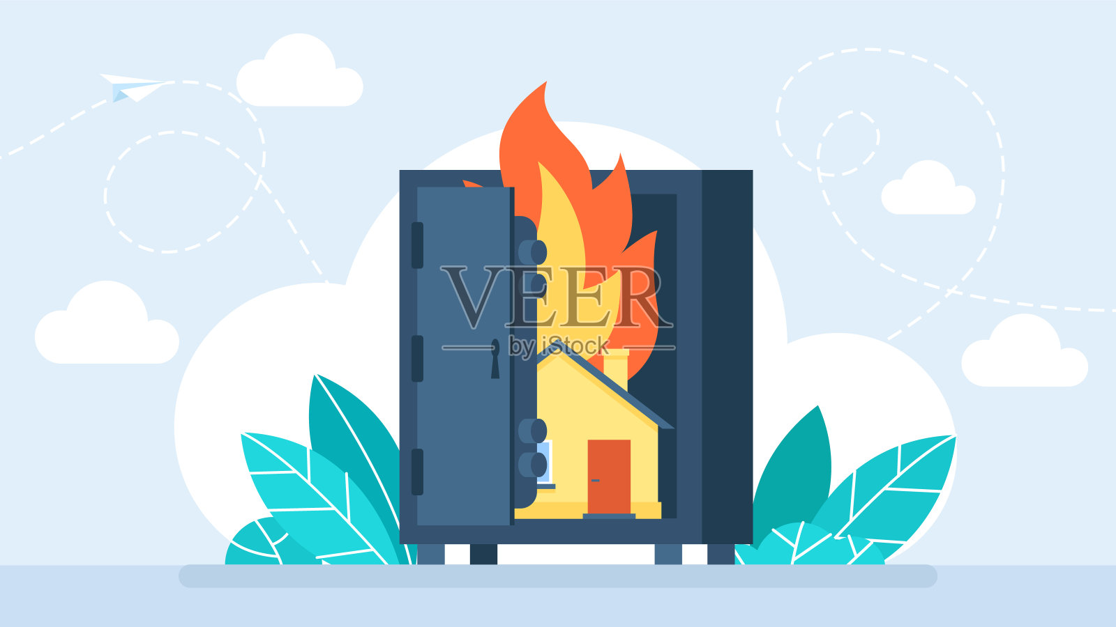 金属保险柜里的房子着火了。房地产保险理念，意外、险情、火灾、防护、居家安全。平面商业插图。平的插图插画图片素材