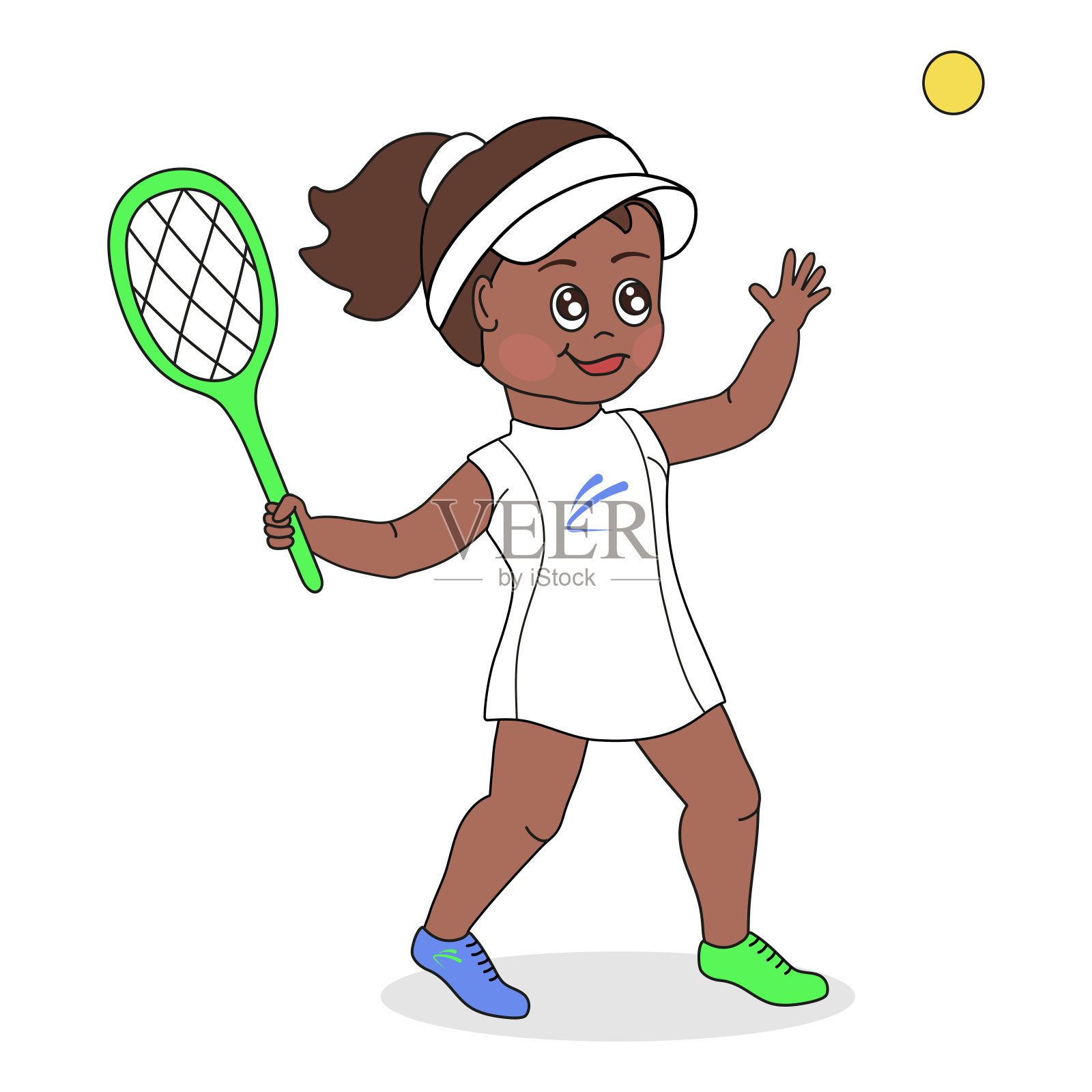 穿着彩色鞋的非洲女子网球选手，一只手拿着球拍，另一只手把球抛起来。插画图片素材