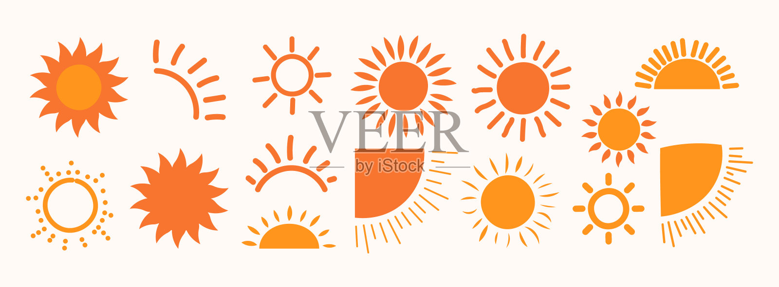 太阳插图收集在手绘卡通平面风格。黄色太阳星图标集合。夏天，阳光自然矢量插图插画图片素材