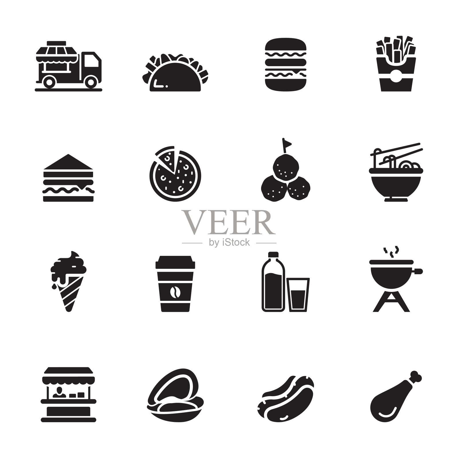 街头食品相关矢量图标的简单设置。符号集合图标素材