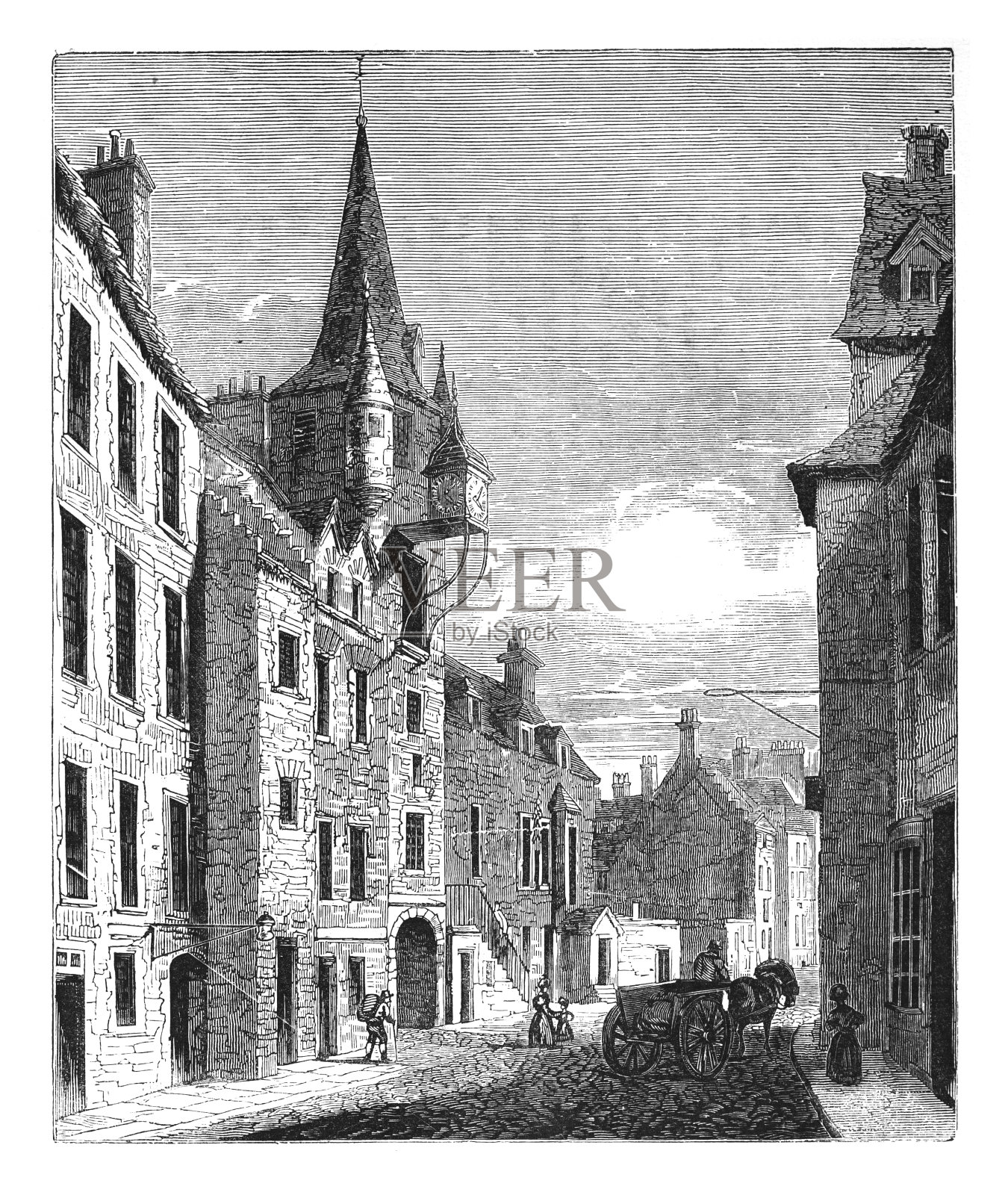 加农盖特监狱(爱丁堡市中心的街道和相关地区)-复古雕刻插图插画图片素材