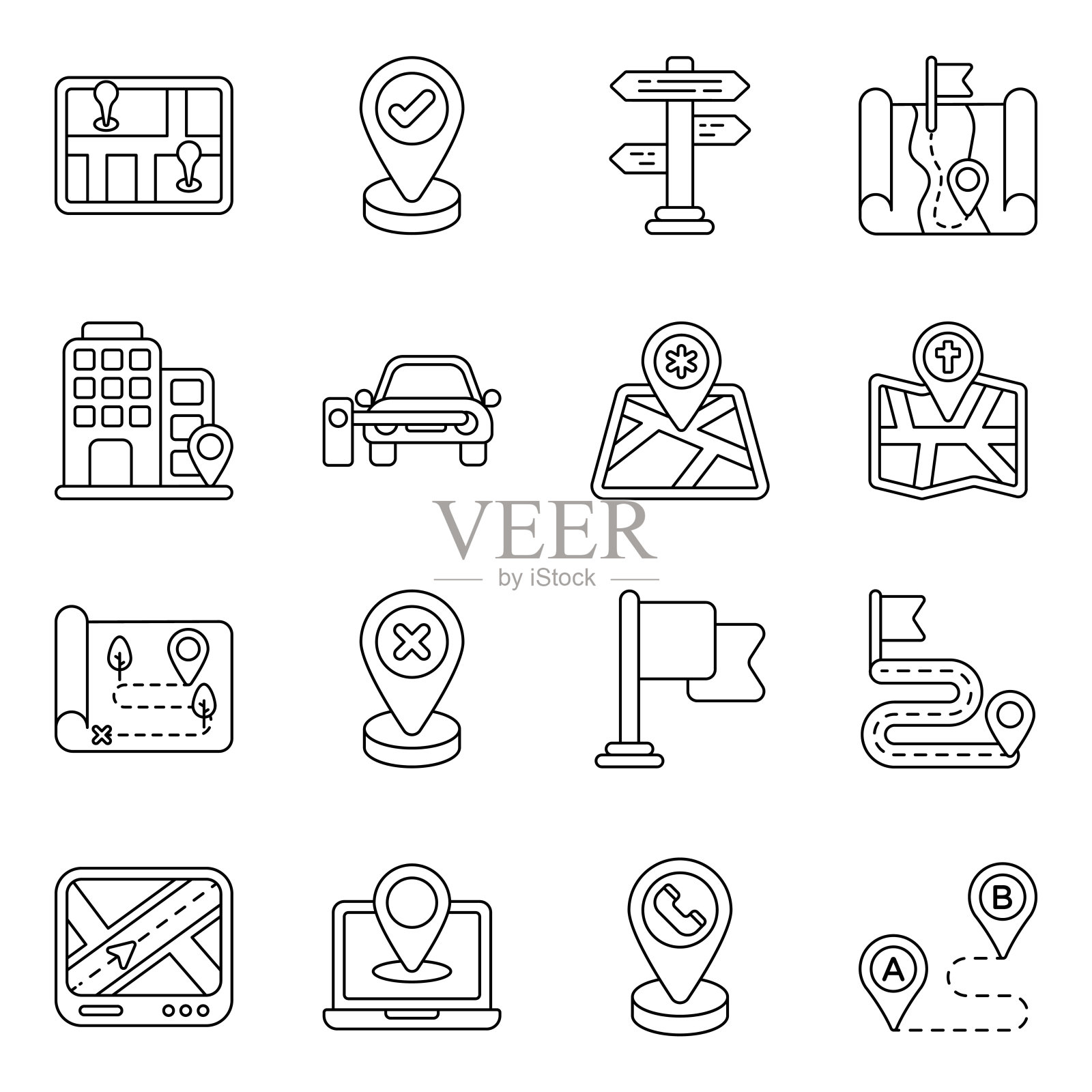 一组地图与方向线性图标插画图片素材