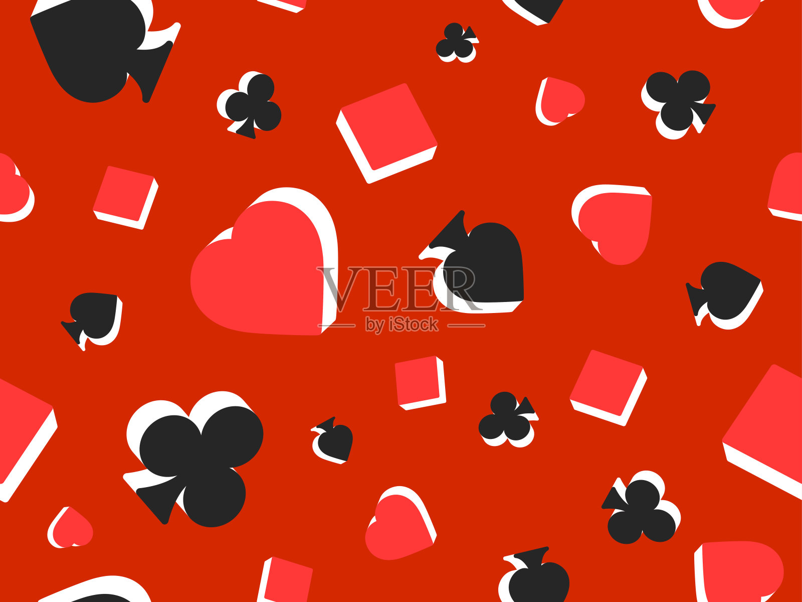 无缝模式与卡套装:方块，红心，梅花，黑桃在3d风格。红色背景上的等距三维卡片套装符号。印刷，广告和横幅的设计。矢量图插画图片素材