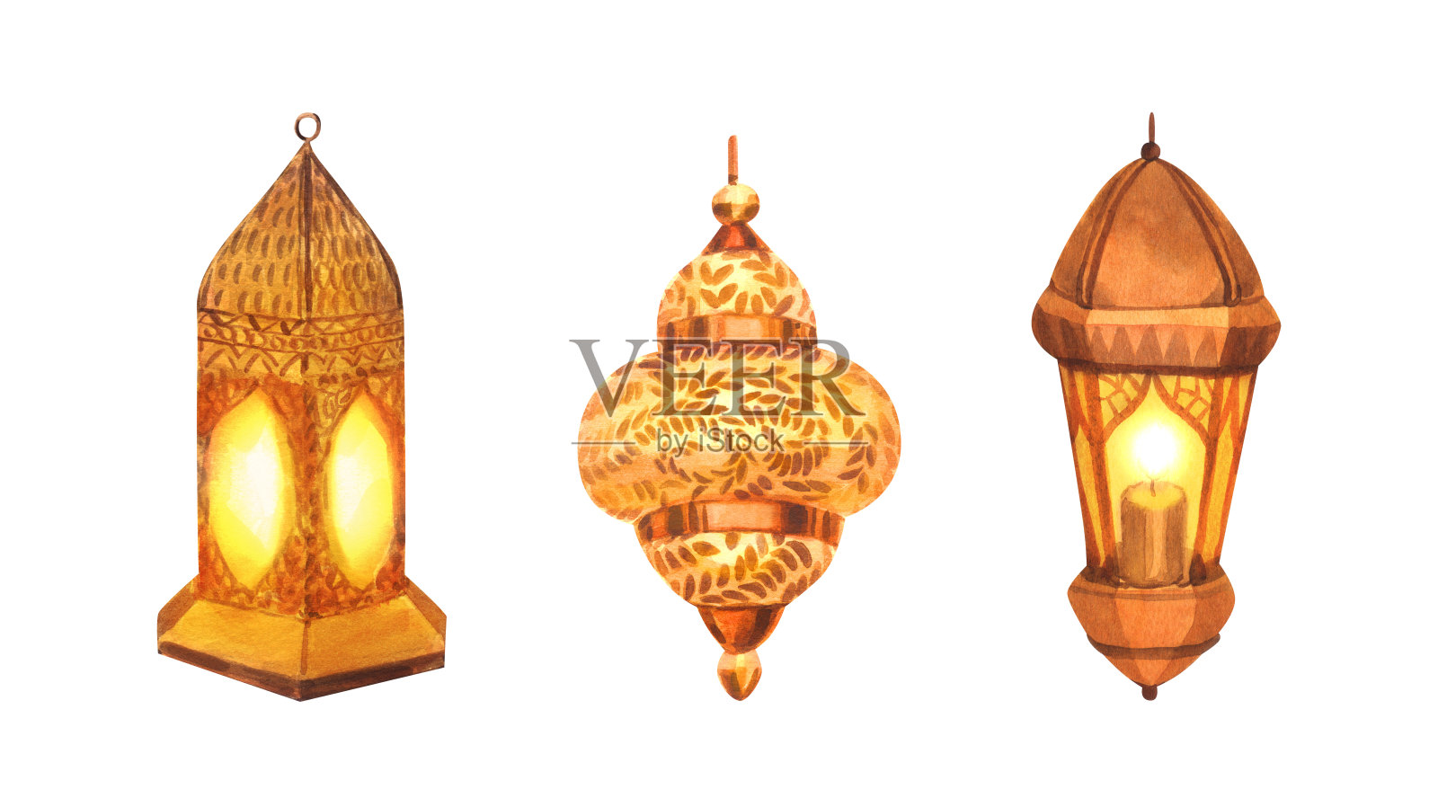 水彩集黄金灯灯笼与蜡烛和阿拉伯印花。手绘插图孤立在白色背景。为伊斯兰教庆祝节日斋月，开斋节，阿拉伯式设计。插画图片素材