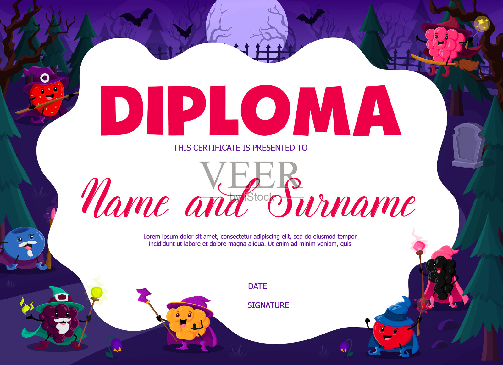 孩子文凭模板浆果巫师在墓地插画图片素材