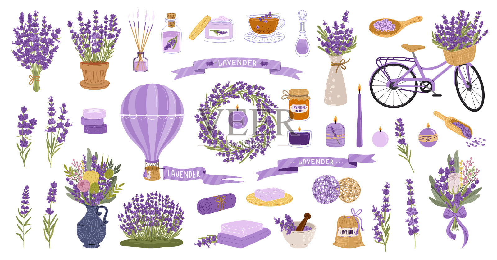 薰衣草花香草和束香油套装插画图片素材