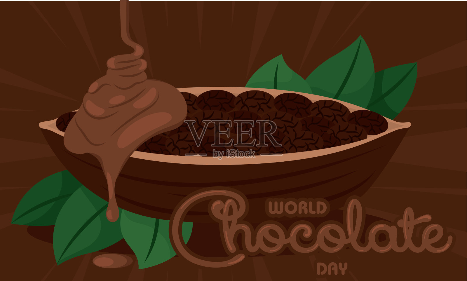 融化的巧克力上有一碗可可豆的世界插画图片素材