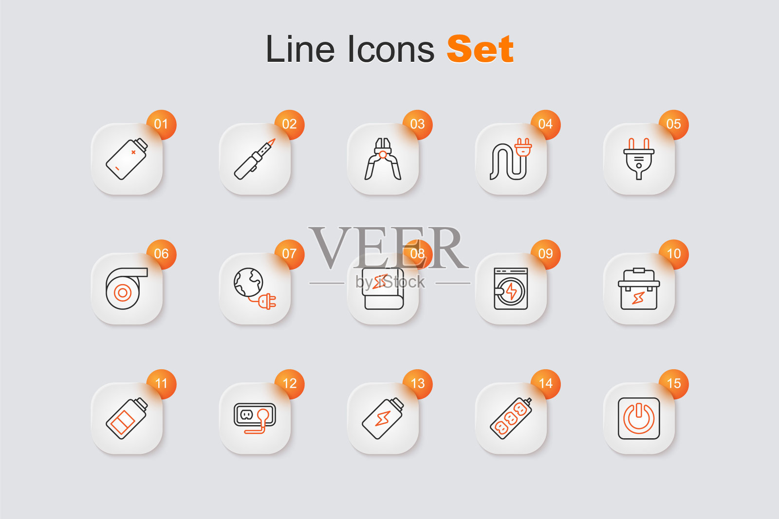 设置线路电源按钮，电气扩展，电池充电，电源插座，工具箱电工，洗衣机和关于电力图标的书。向量图标素材