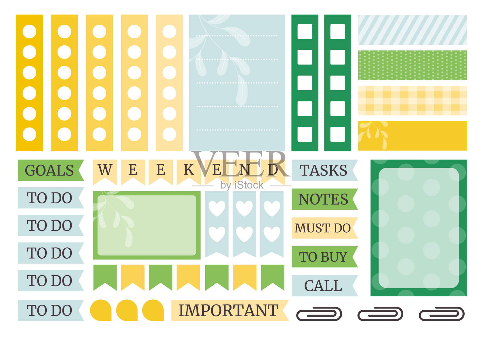 软绿色和黄色彩色每周计划贴纸设置议程，笔记本，日记。A5格式。插画图片素材