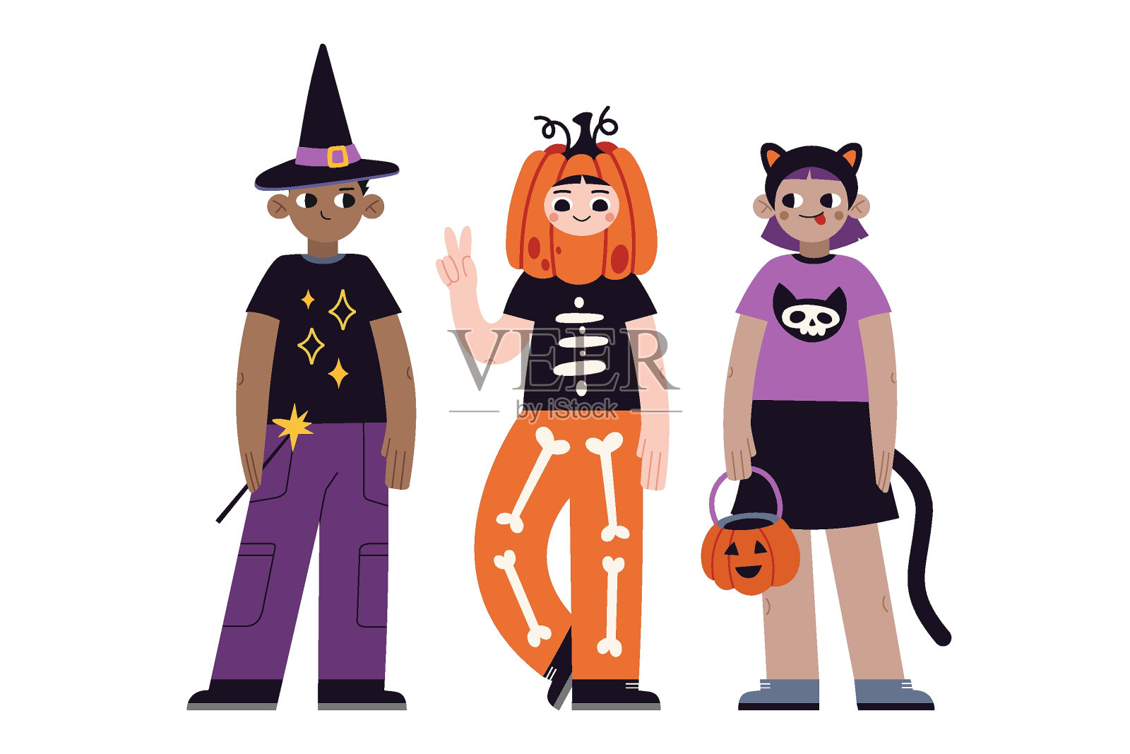 孩子们穿着万圣节服装。滑稽可爱的狂欢节各民族小朋友集，卡通风格。新潮的现代矢量插图孤立在白色背景上，手绘，平面设计插画图片素材