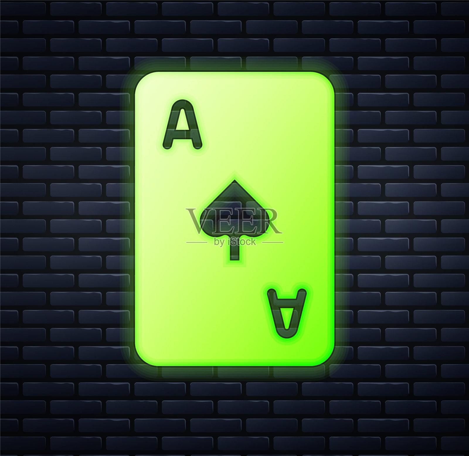 发光的霓虹灯纸牌与黑桃符号图标隔离在砖墙背景。赌场赌博。向量插画图片素材