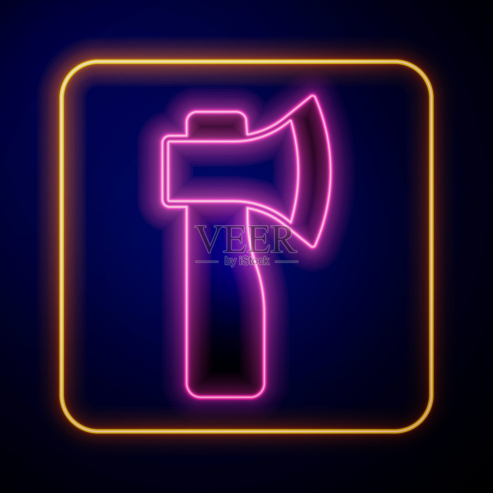 发光的霓虹木斧图标孤立的黑色背景。伐木工人斧头。向量插画图片素材