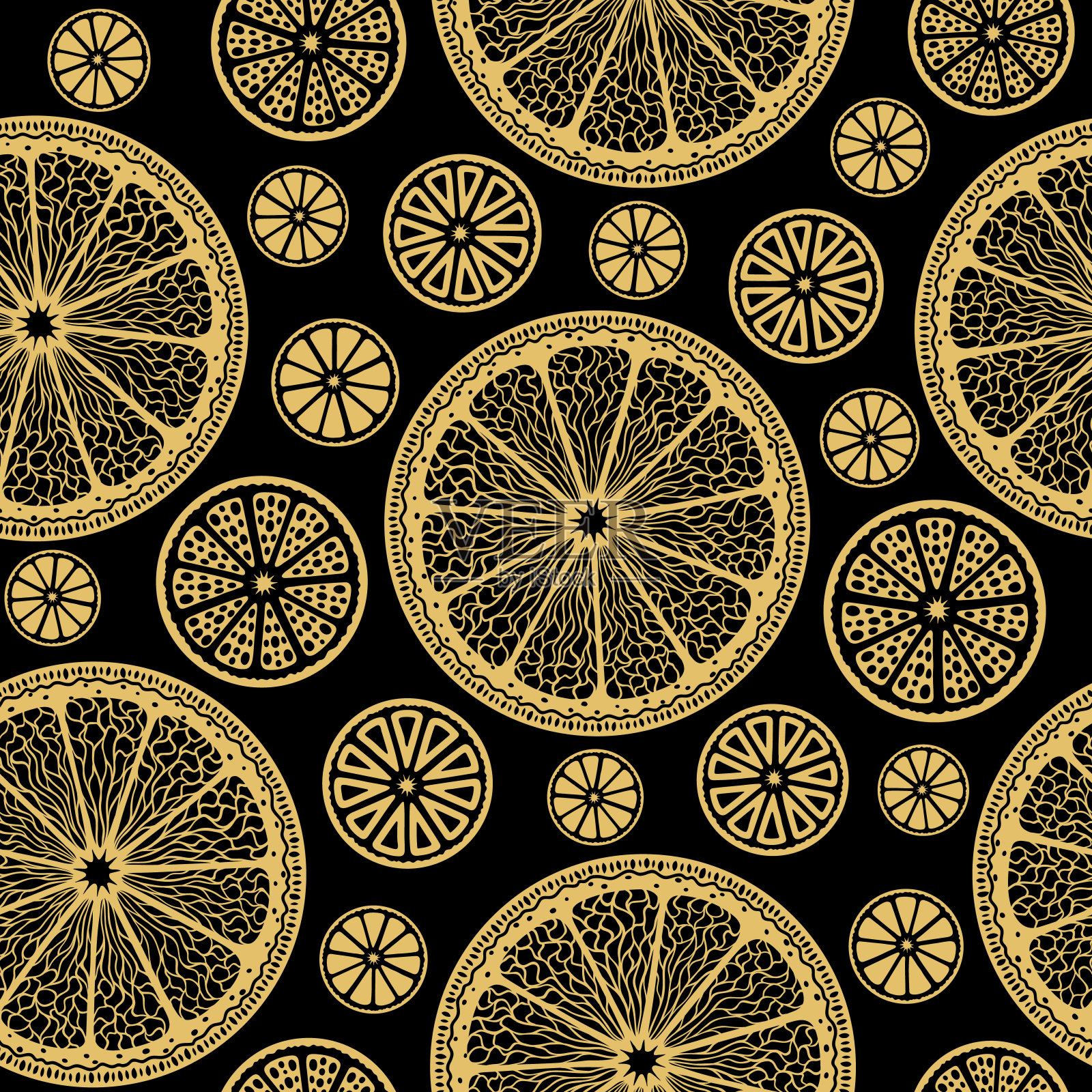 金色柠檬片上的黑色无缝矢量壁纸插画图片素材