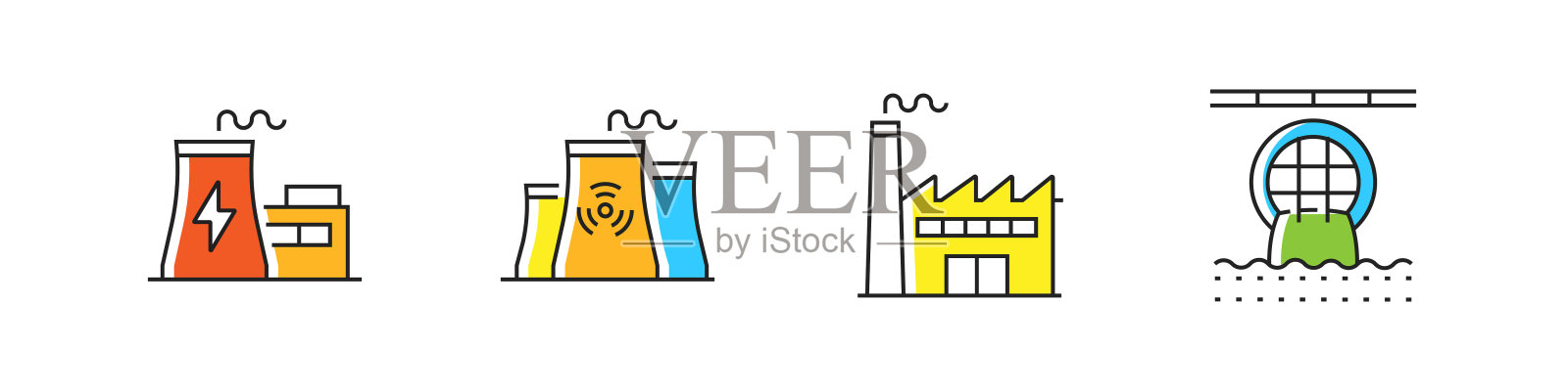 重工业和电力行业相关的矢量线图标。大纲符号集合插画图片素材