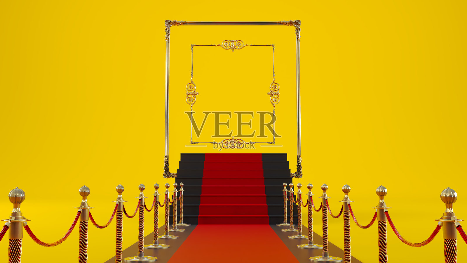 红地毯障碍导致金色框架在彩色背景，VIP概念照片摄影图片