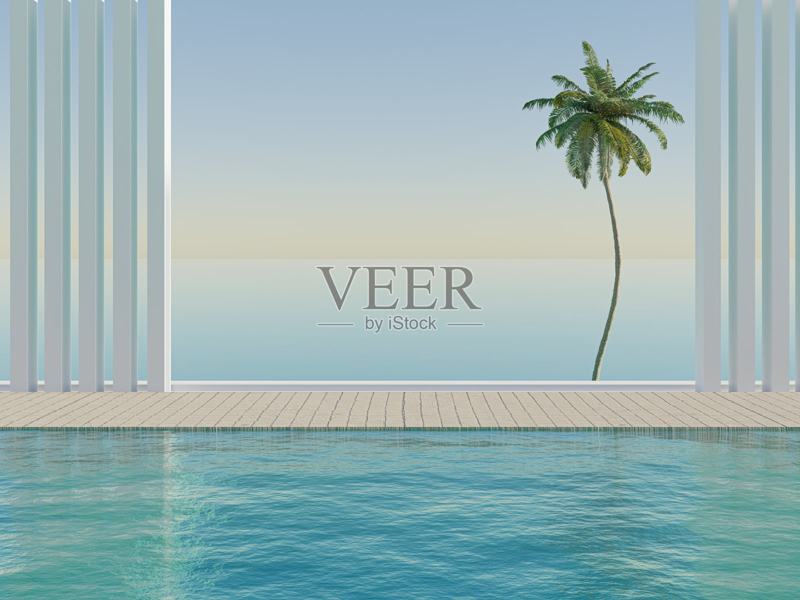 放松的夏天，日光浴甲板和私人游泳池与附近的海滩和全景海景豪华住宅3d渲染照片摄影图片