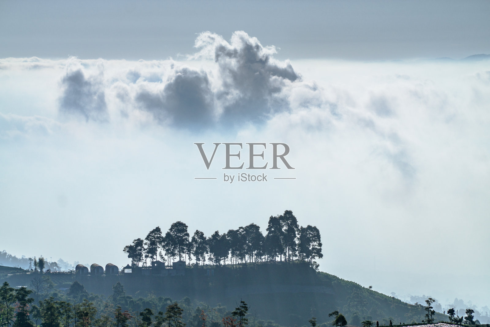 在雾蒙蒙的早晨，群山上树木的剪影映衬着多云的天空照片摄影图片