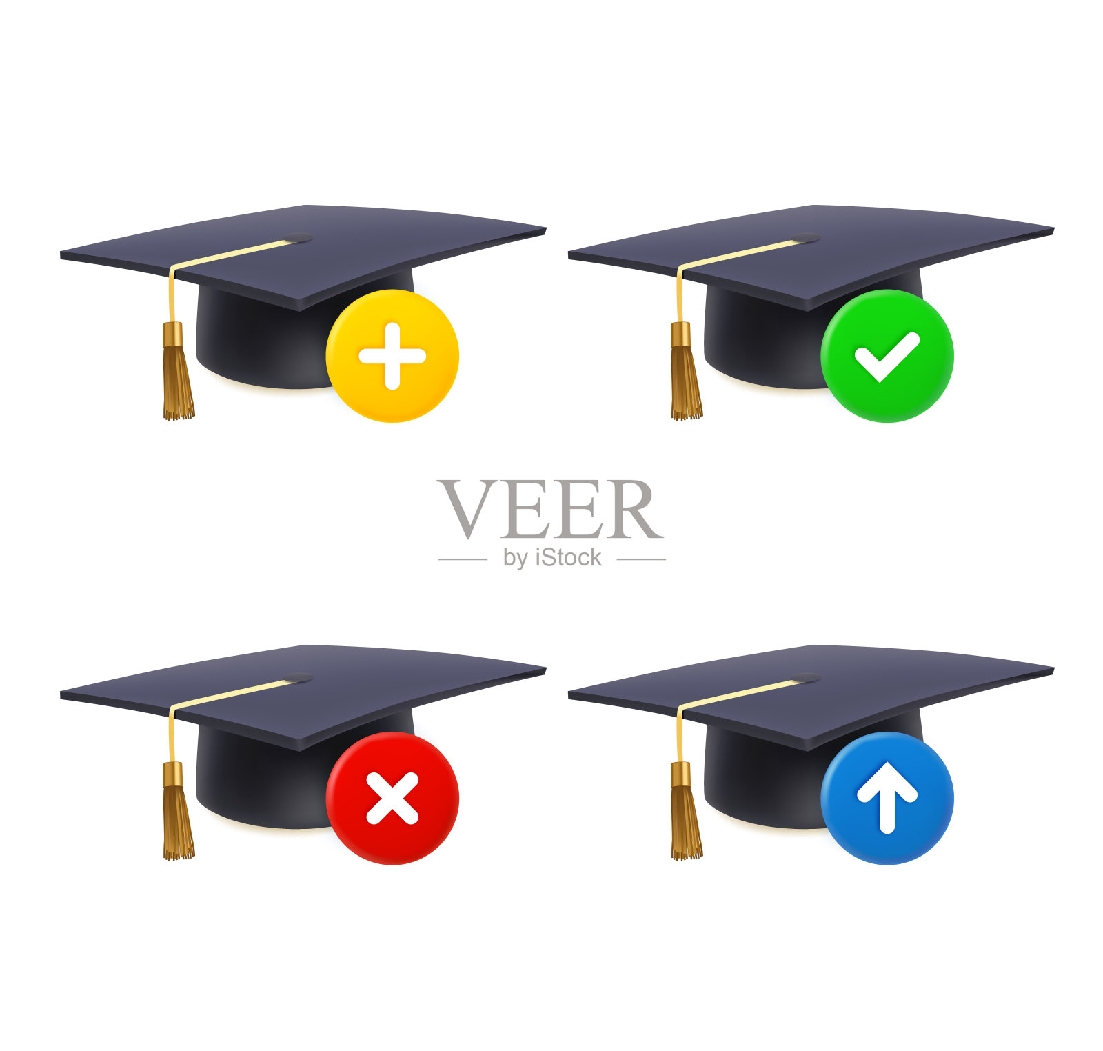 毕业帽图标集与不同的象形图。三维矢量图标集图标素材