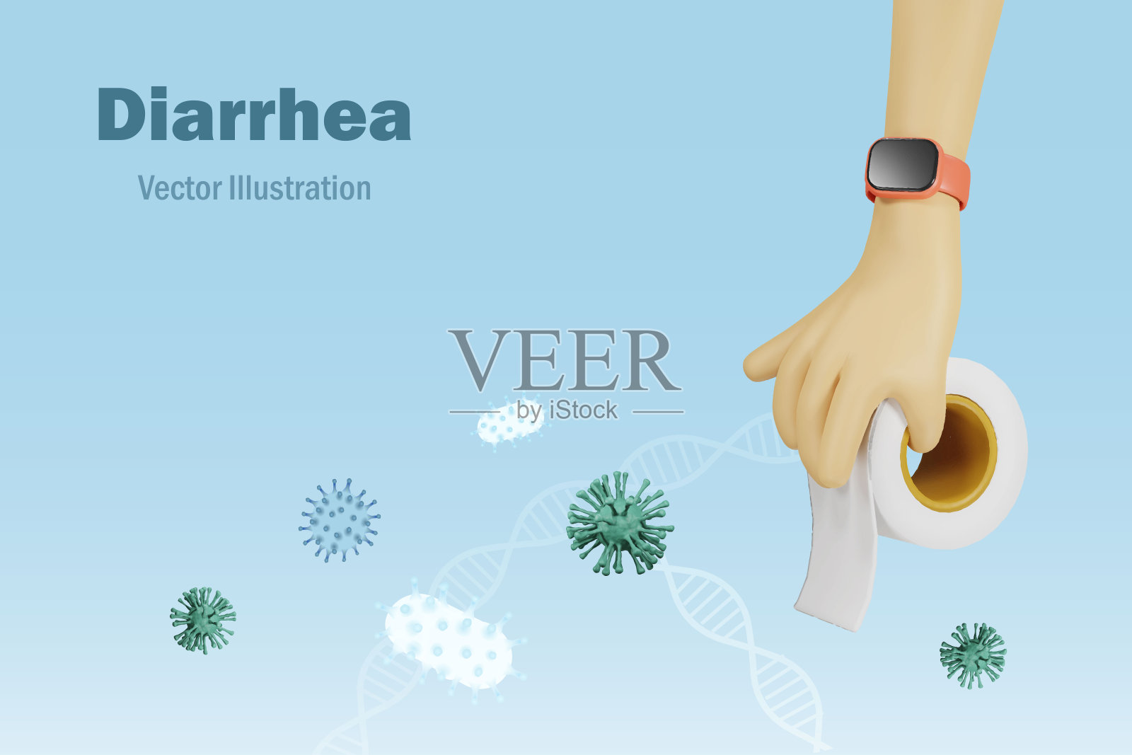 腹泻、食物中毒、肠胃紊乱的概念。手持厕纸卷带细菌、病毒等疾病。3D矢量卡通人物。插画图片素材