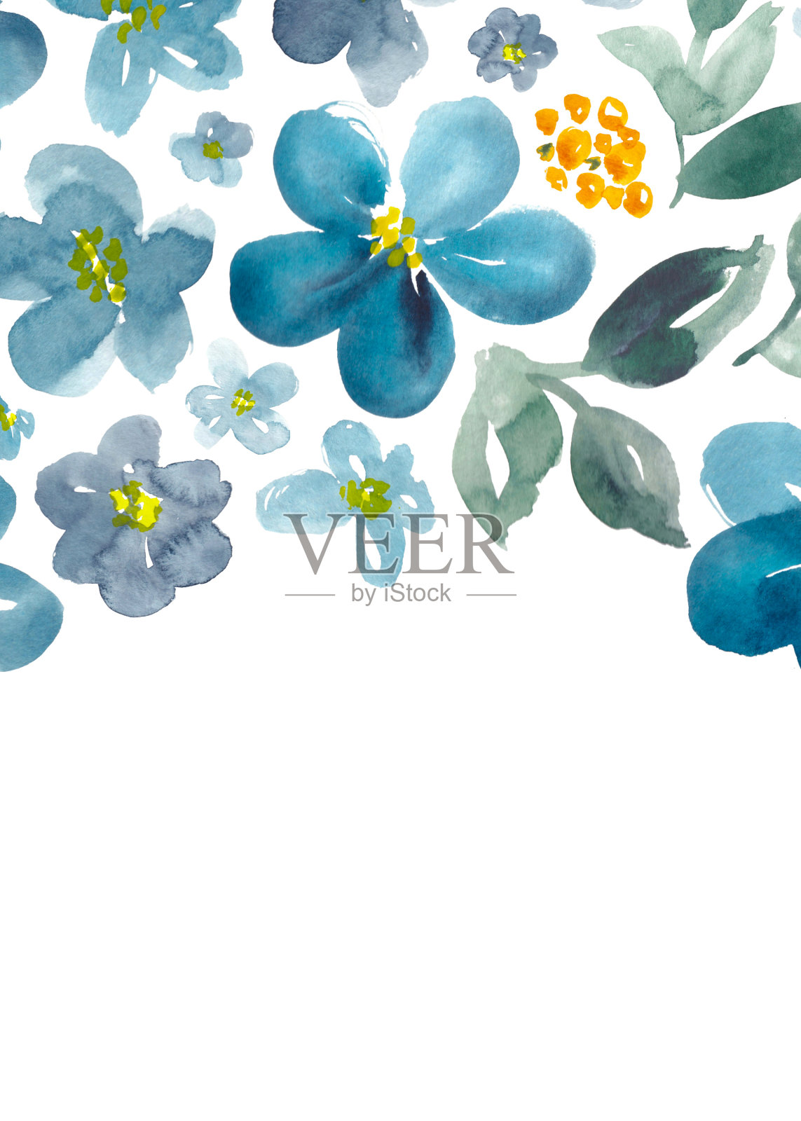 水彩花卉卡片在蓝色，绿色和橙色。手绘植物标题。插画图片素材