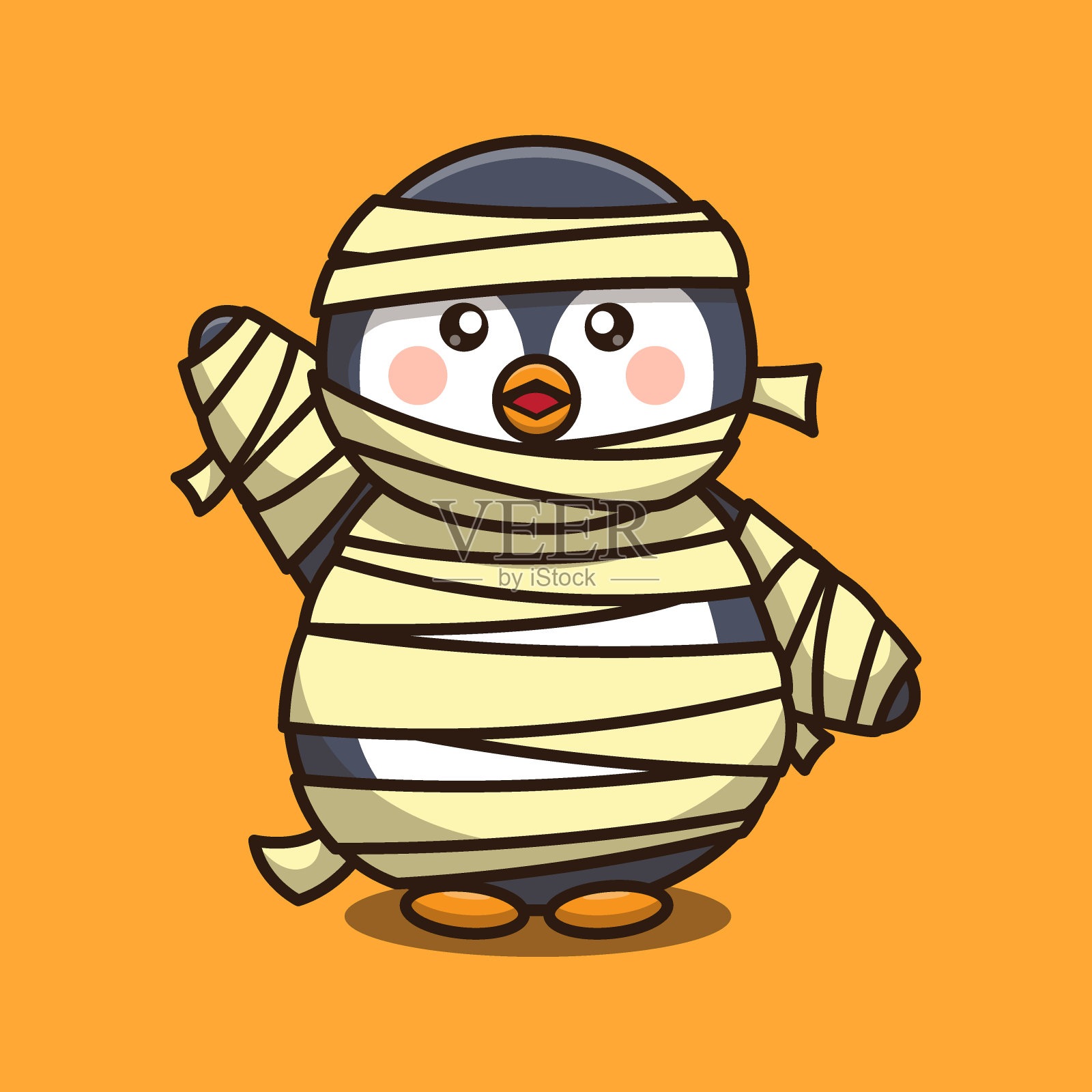 企鹅木乃伊动物与万圣节服装卡通矢量插图插画图片素材