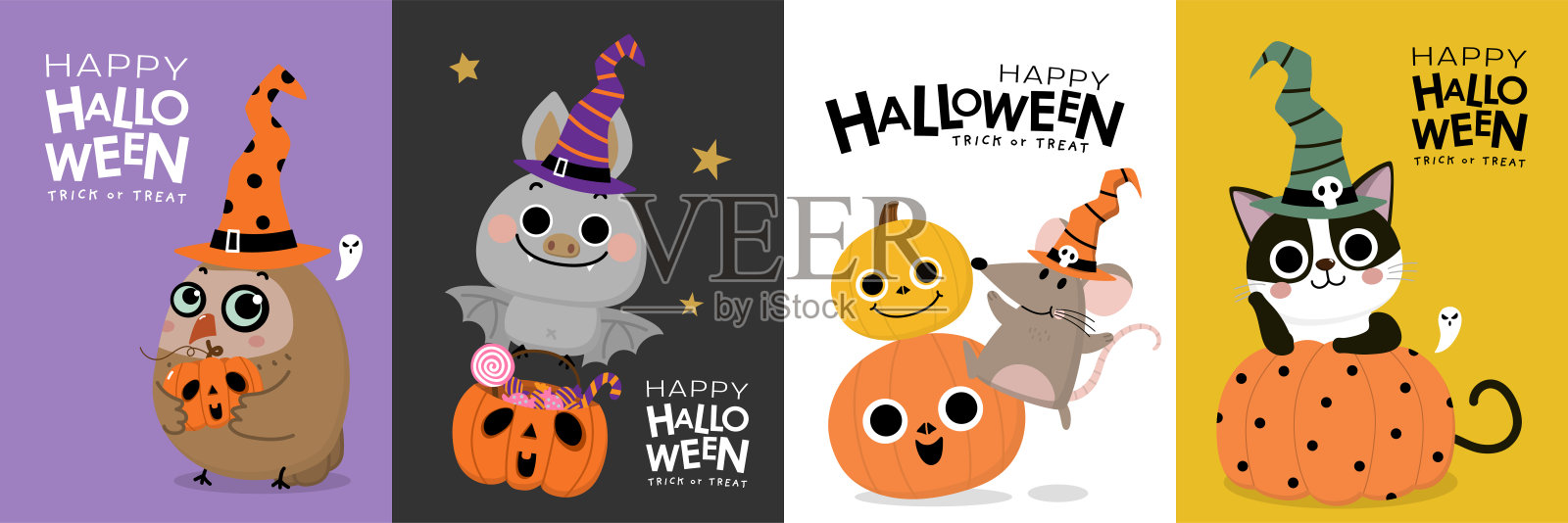 快乐的万圣节贺卡与幽灵南瓜，猫，蝙蝠，老鼠和猫头鹰戴着女巫帽。假日卡通人物。向量插画图片素材