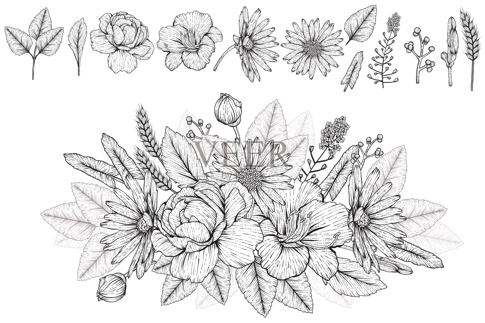 手绘雕刻钢笔和墨水花收集和花束。玫瑰，雏菊，野花和叶子的雕刻安排。矢量植物插图。黑色和白色。插画图片素材