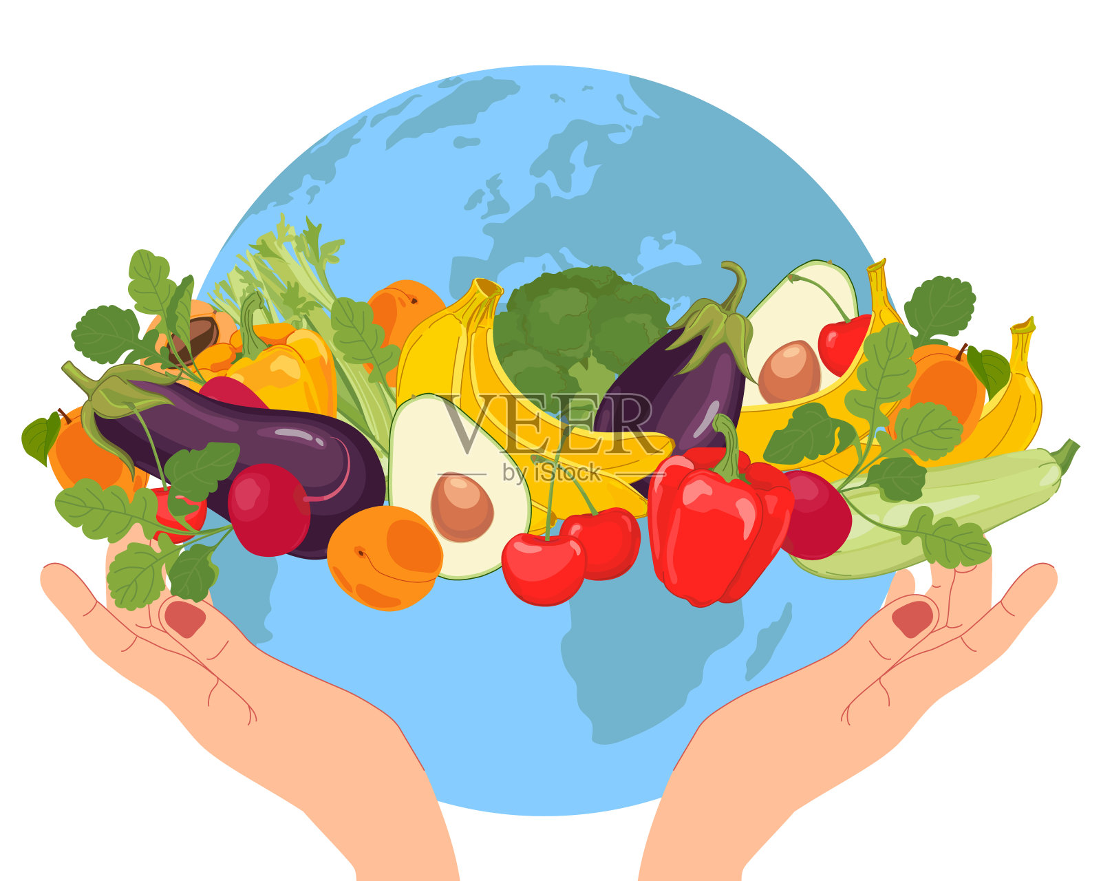 世界素食日。手里拿着地球仪，蔬菜和水果。矢量插图在一个平面的风格。重视食品安全和杜绝食品浪费的观念。插画图片素材