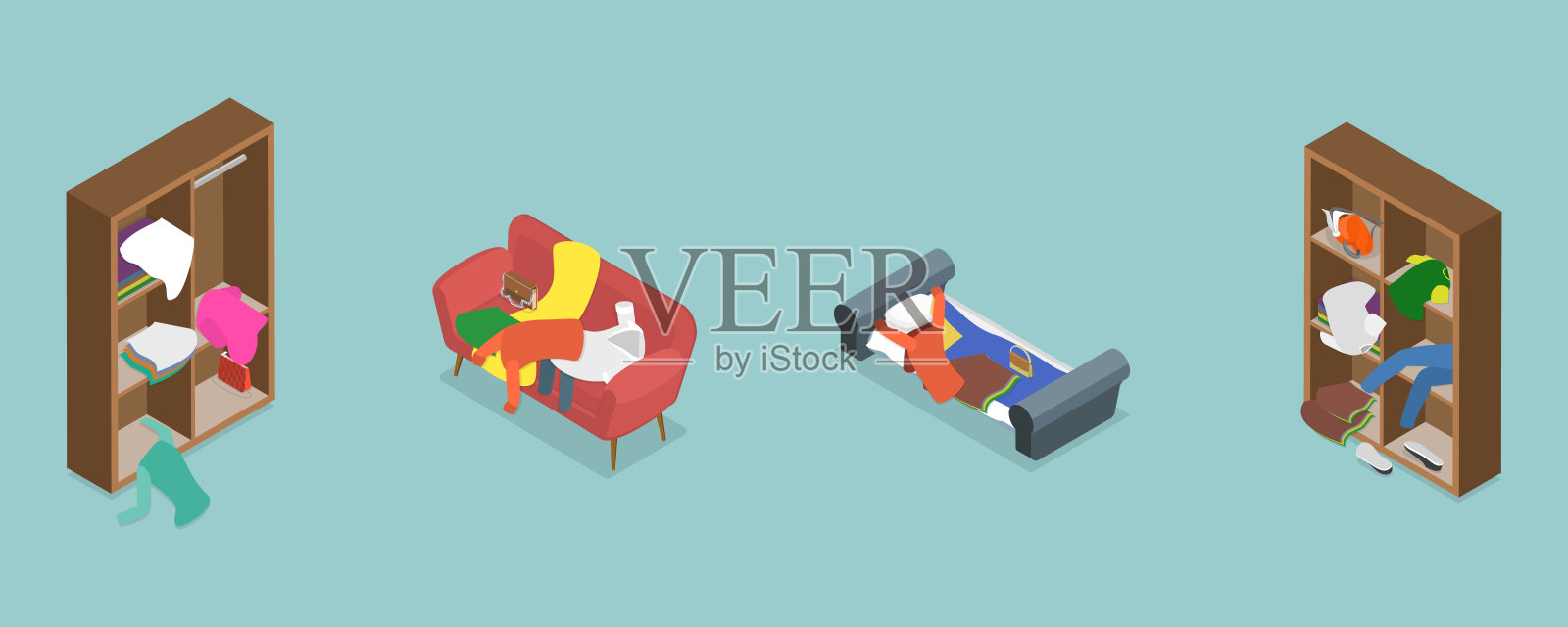 三维等距平面矢量集分散和凌乱的衣服插画图片素材