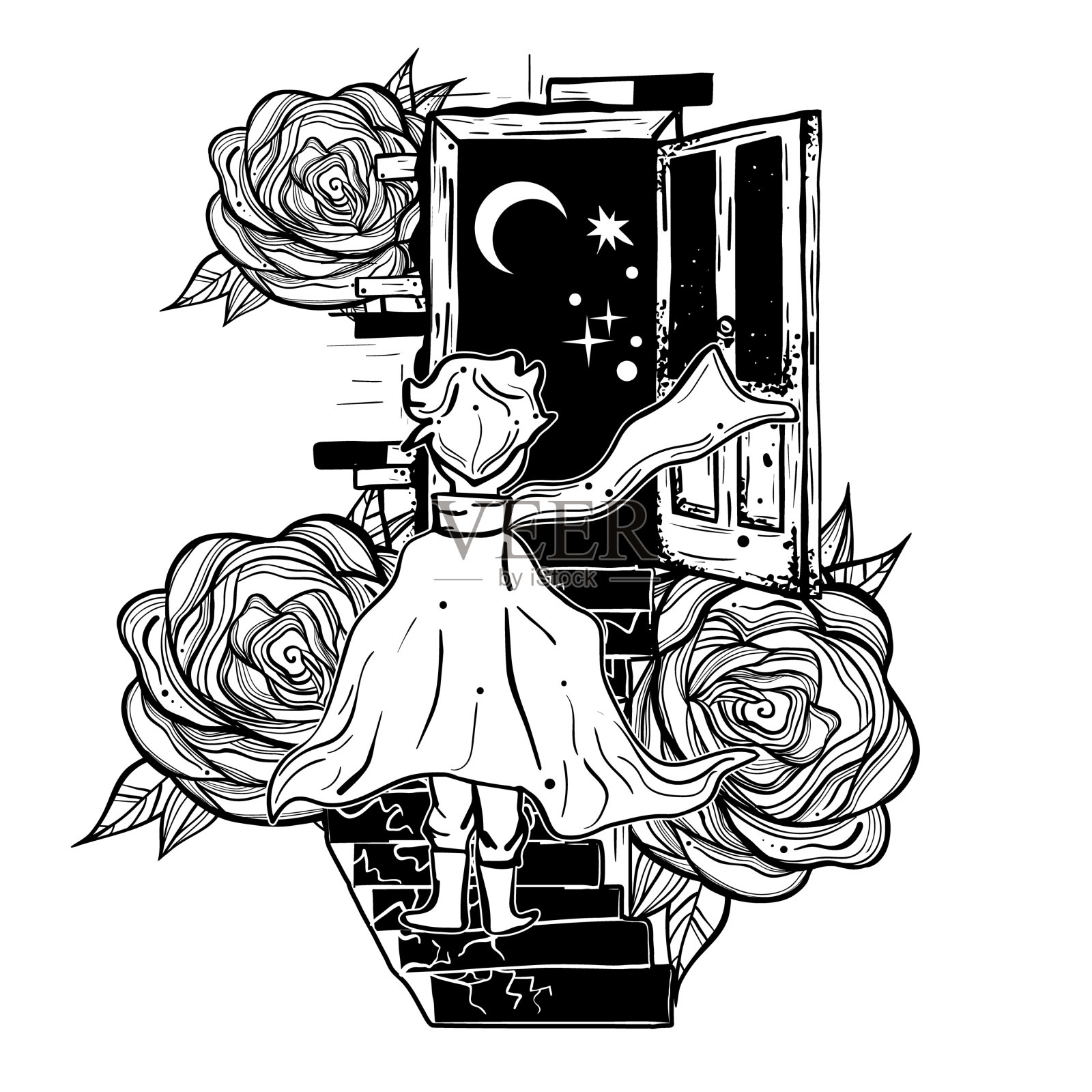 纹身风格插图小男孩站在楼梯上，梦想的概念。超现实主义的背景。象征童年、想象力、创意插画图片素材