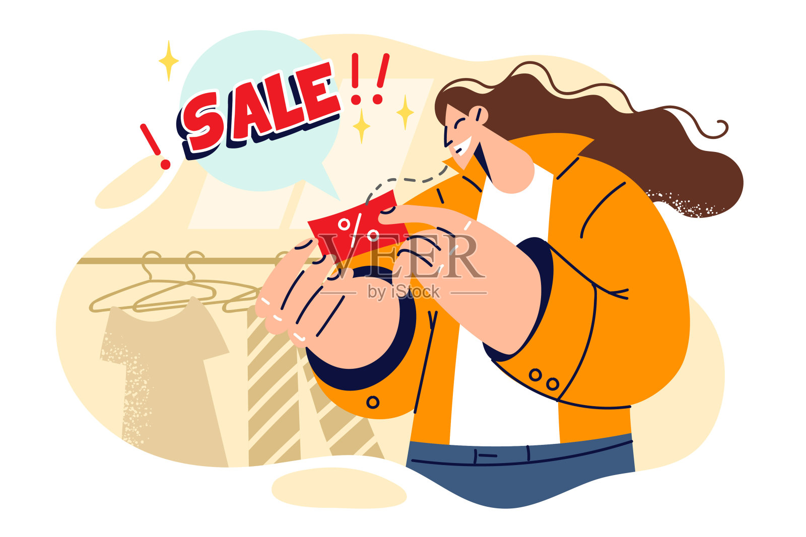 一名妇女手持折扣券，微笑地站在服装店旁边，上面写着“打折”字样插画图片素材