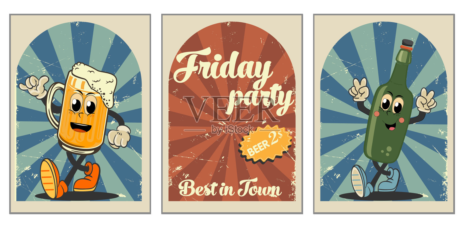 一套复古的卡通滑稽人物海报。复古饮料矢量插图。葡萄酒、啤酒、汽水罐吉祥物。怀旧的60、70、80年代。矢量图插画图片素材