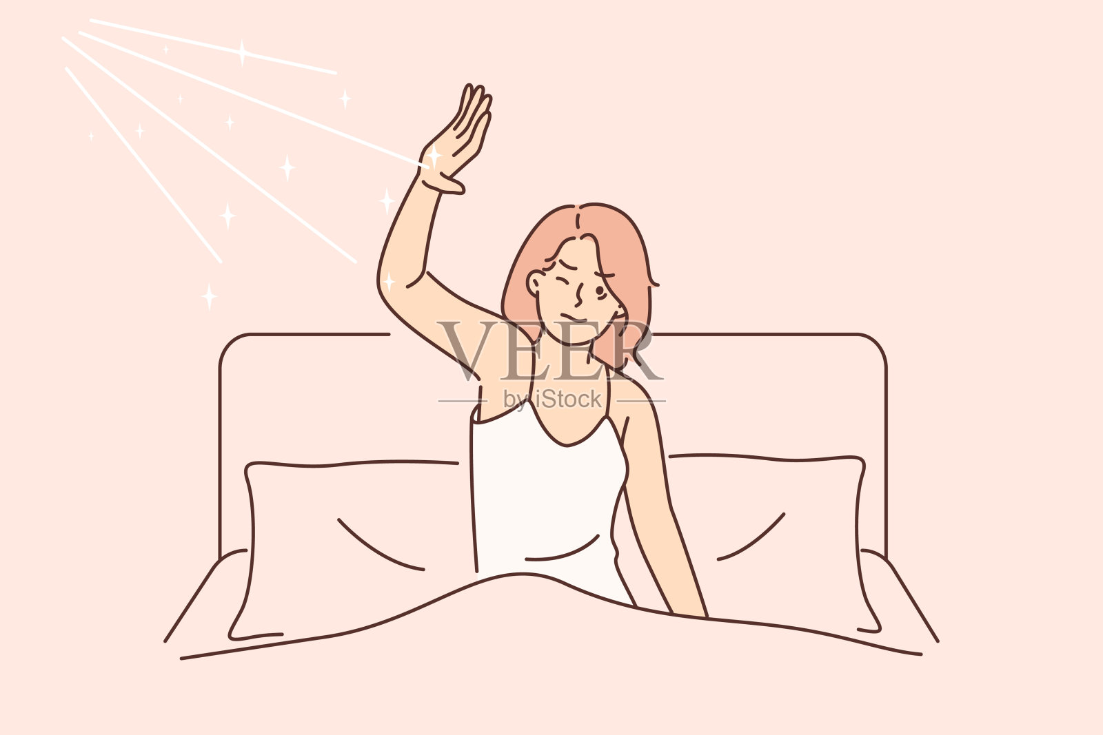 早晨醒来的女人不满意干扰睡眠的阳光在床上插画图片素材
