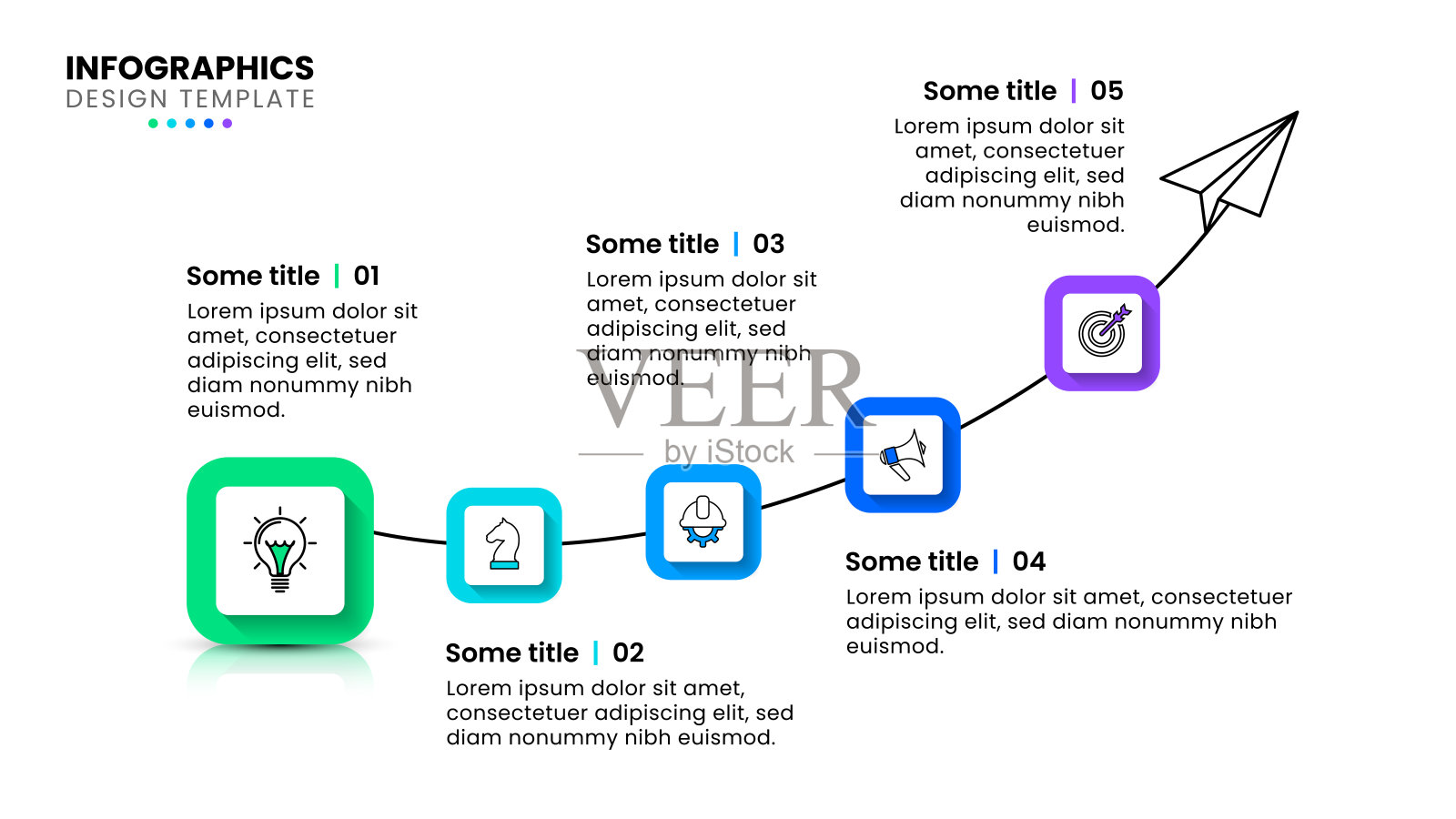 信息图表模板。一条有5个正方形和一个纸飞机的线插画图片素材