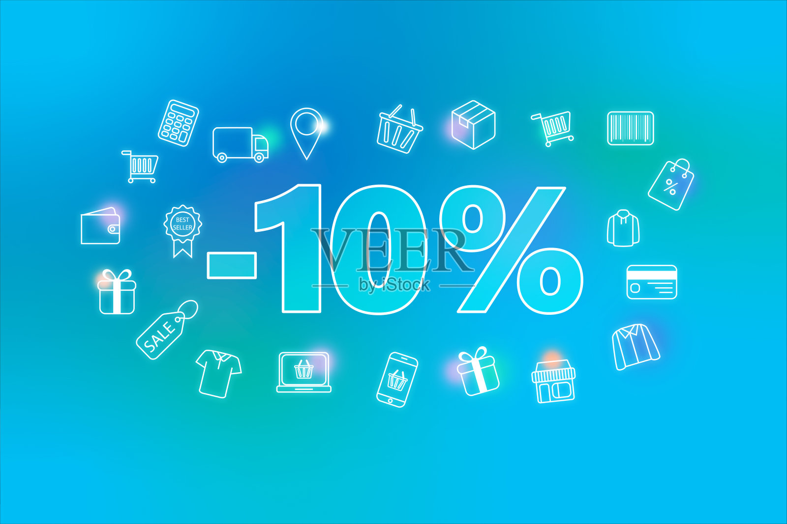彩色霓虹灯发光- 10%的折扣标签挂在浅蓝色的背景。各种购物图标。插画图片素材