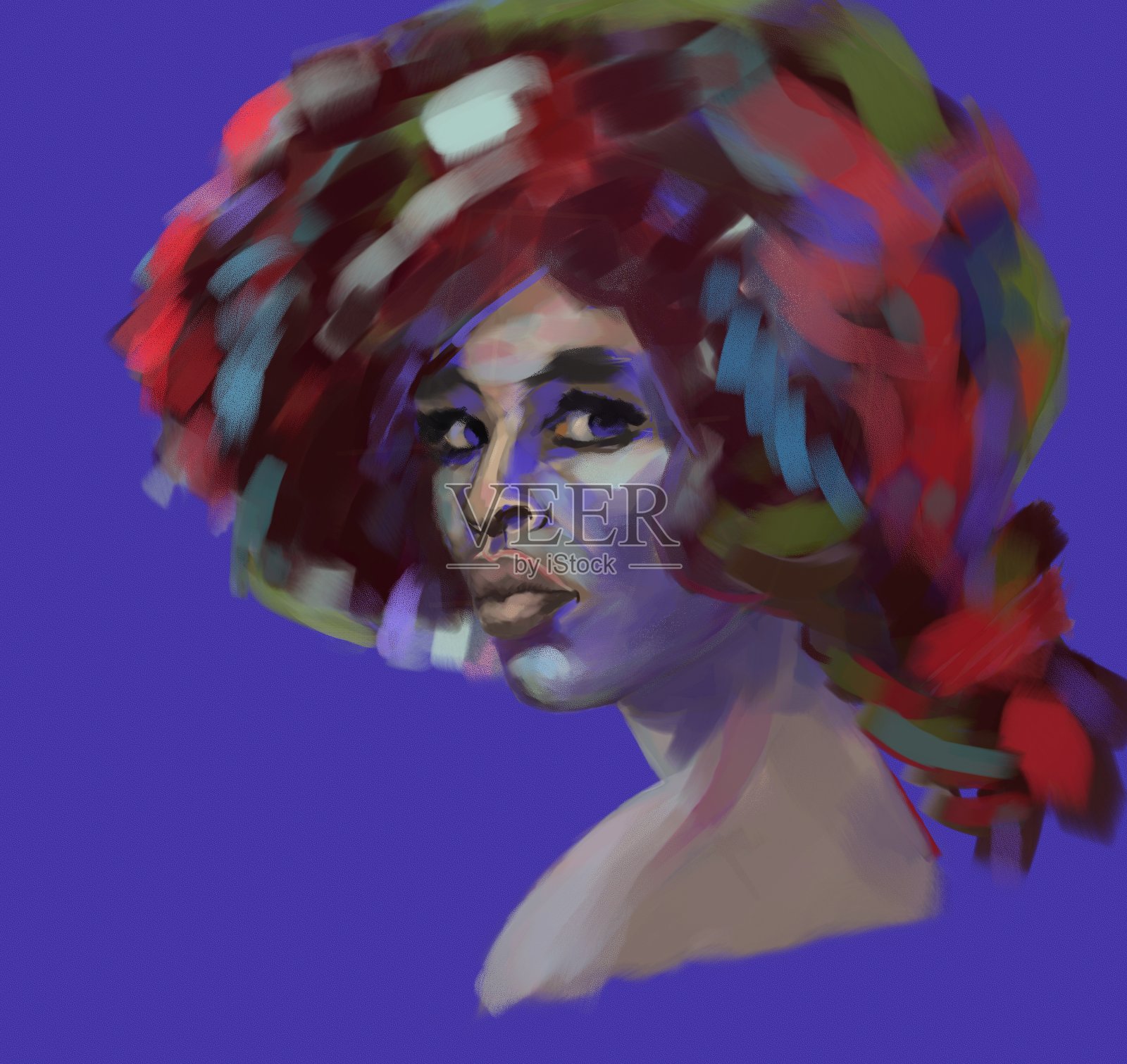 印象主义风格的黑皮肤女人的生动的肖像插画图片素材