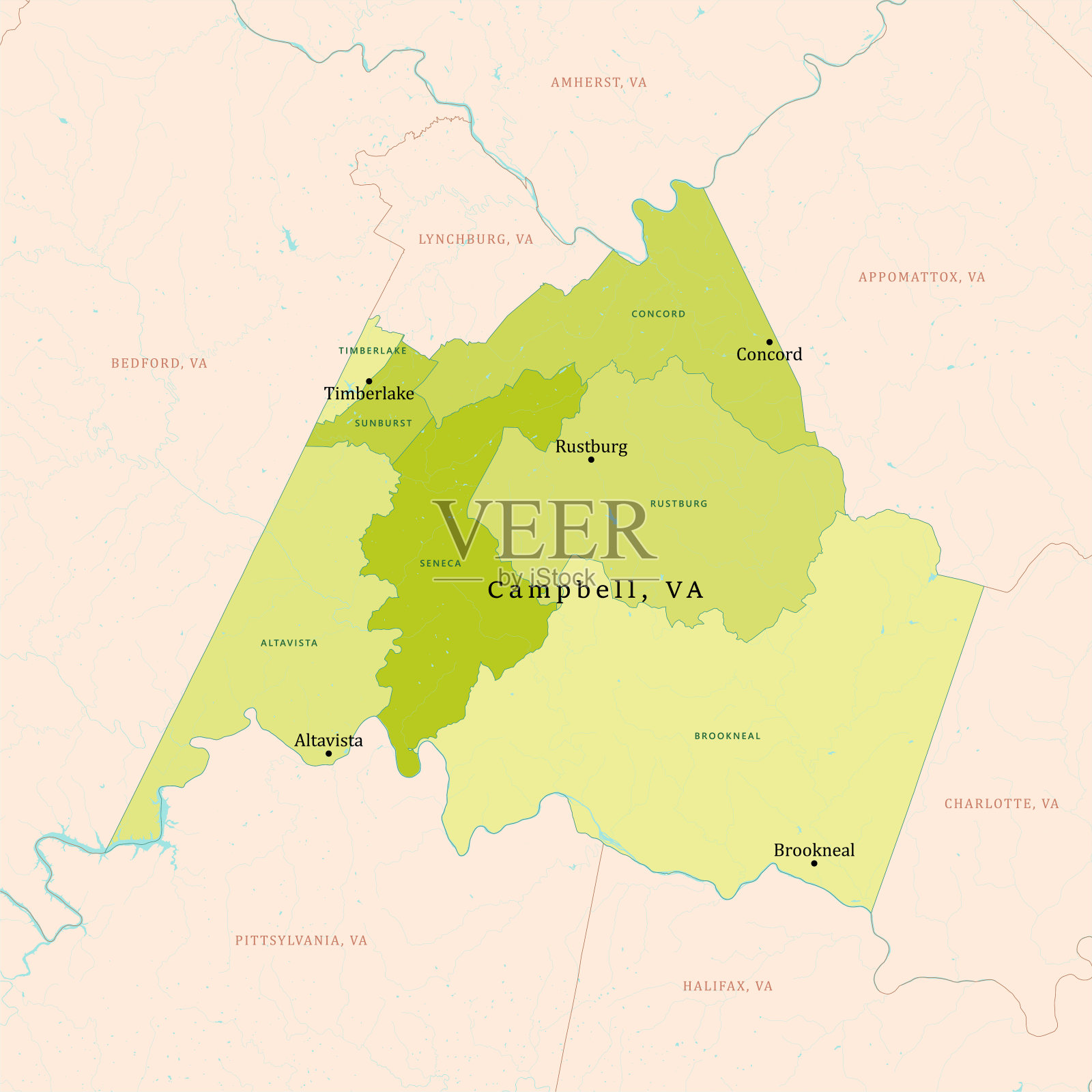 弗吉尼亚州坎贝尔县矢量地图绿色插画图片素材