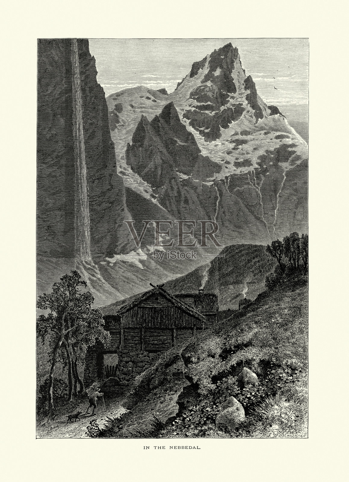 山地，小木屋，人和狗，内比达尔，挪威，19世纪插画图片素材