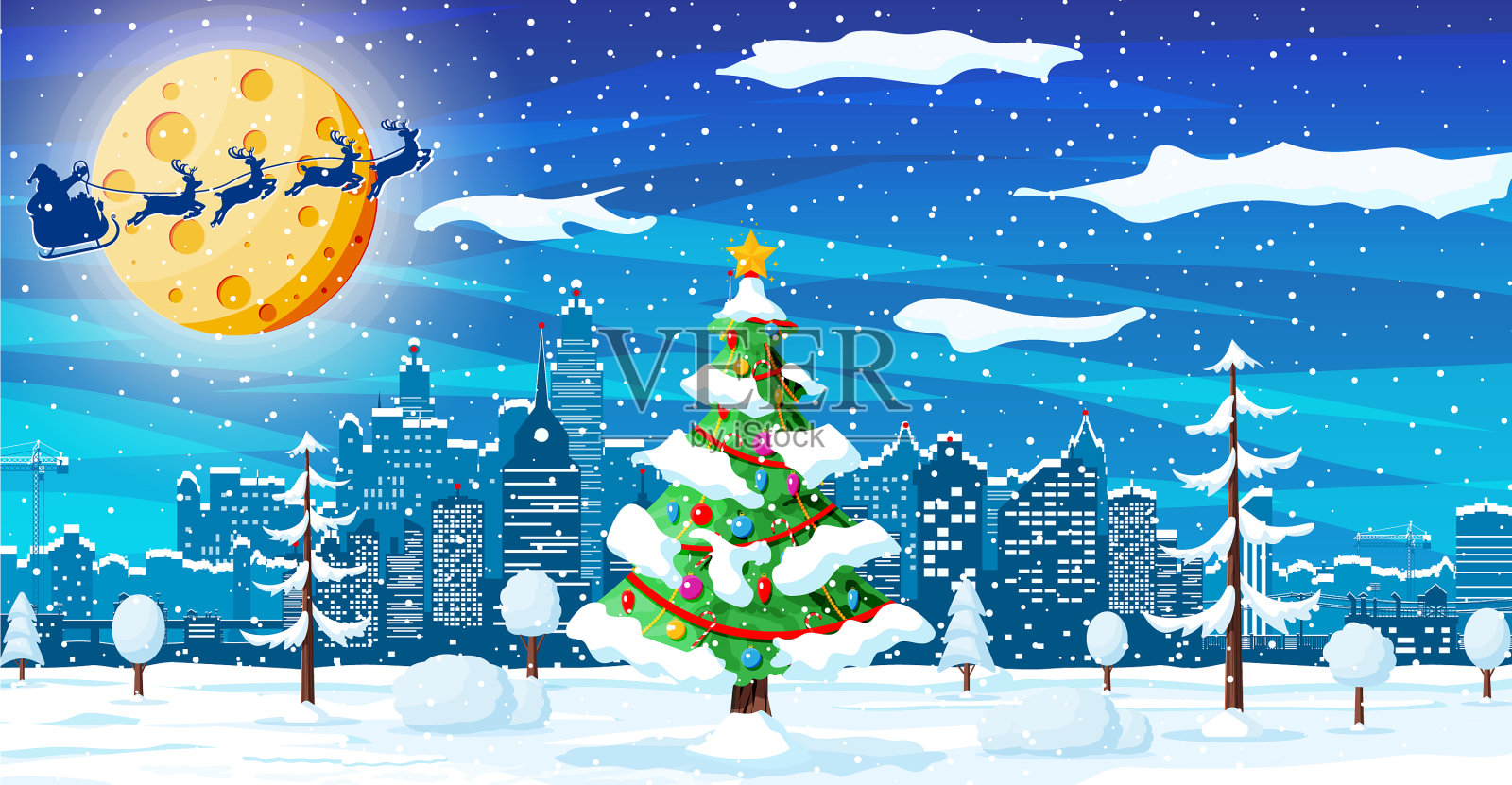 有城市景观和降雪的圣诞贺卡插画图片素材