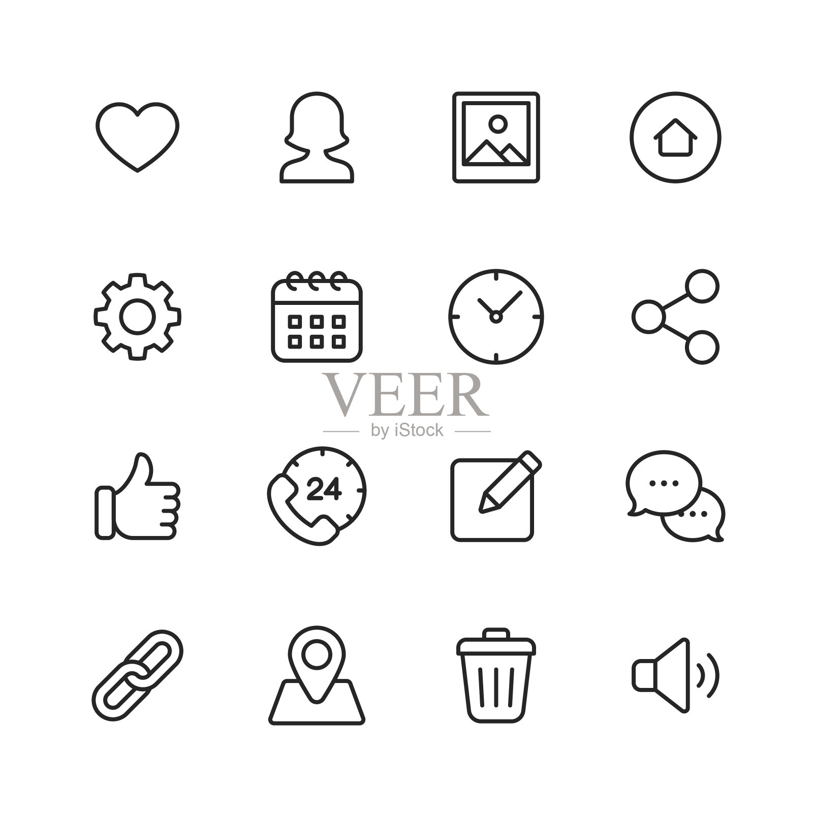 主页图标。可编辑的中风。像素完美。移动和网络。包含如联系人，网页，电话，头像，地球，家，电子邮件，消息，语音气泡，短信，设置，挂锁，搜索，云计算，日历，时钟等图标。图标素材