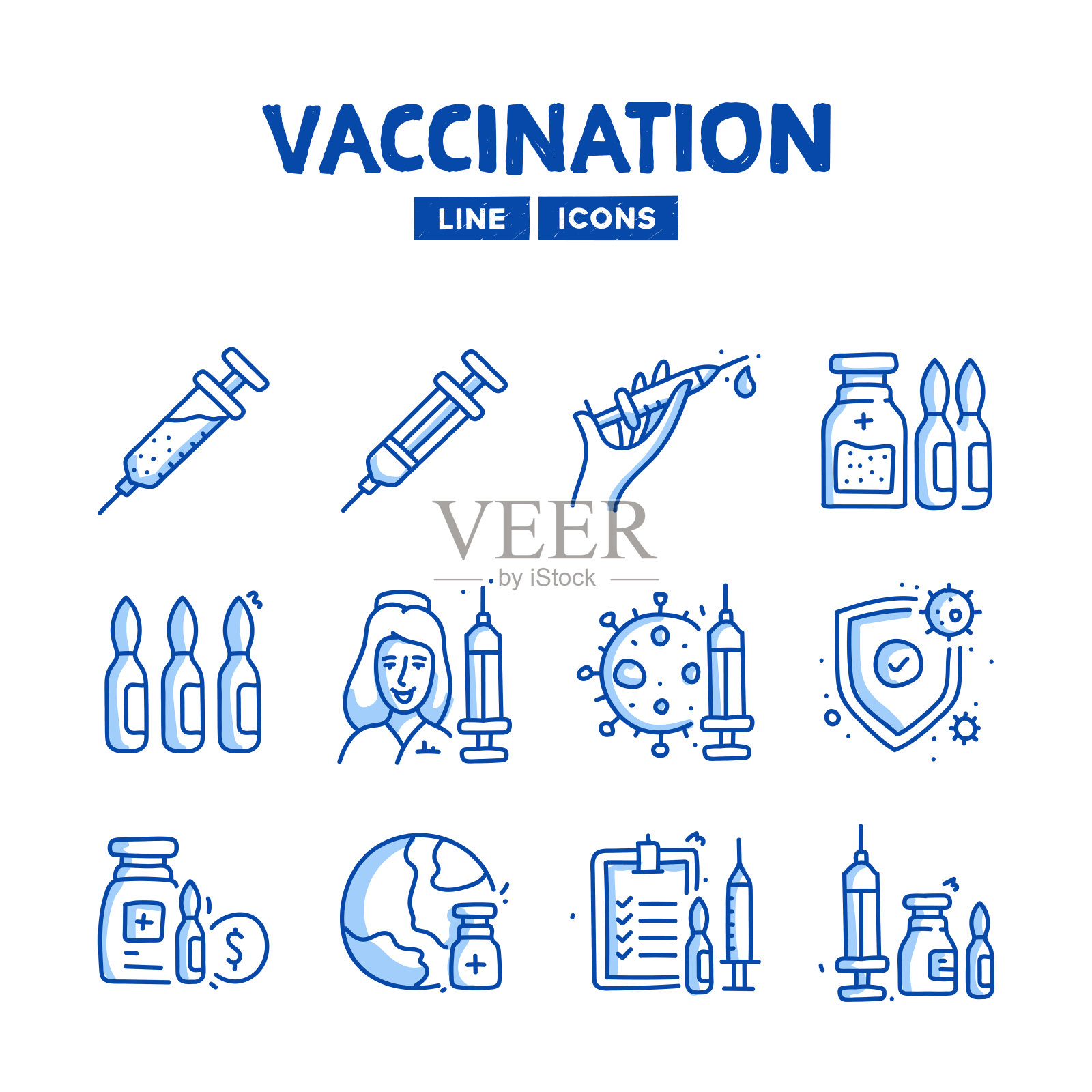 采购产品疫苗，医疗手绘线图标集和草图设计插画图片素材