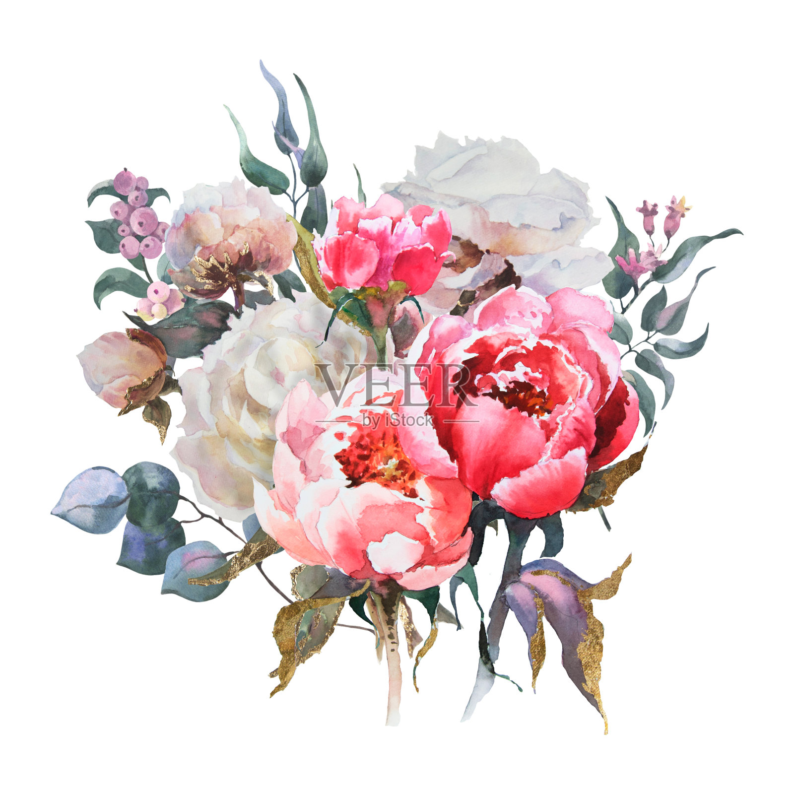 水彩花卉插图孤立的白色背景。粉红色的牡丹，绿色的叶子，桉树的树枝。花束完美的印刷设计上的邀请，卡片插画图片素材