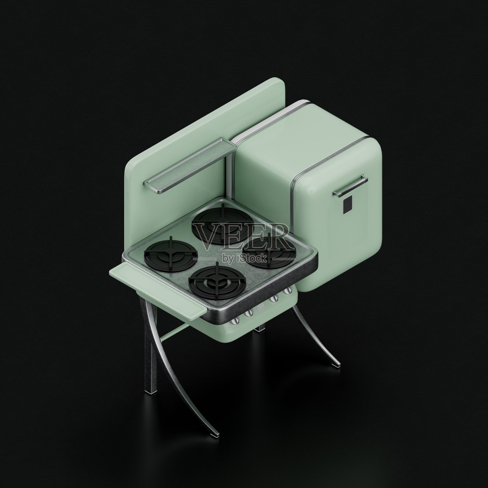复古煤气炉炊具，复古厨房等距器具，3d渲染照片摄影图片