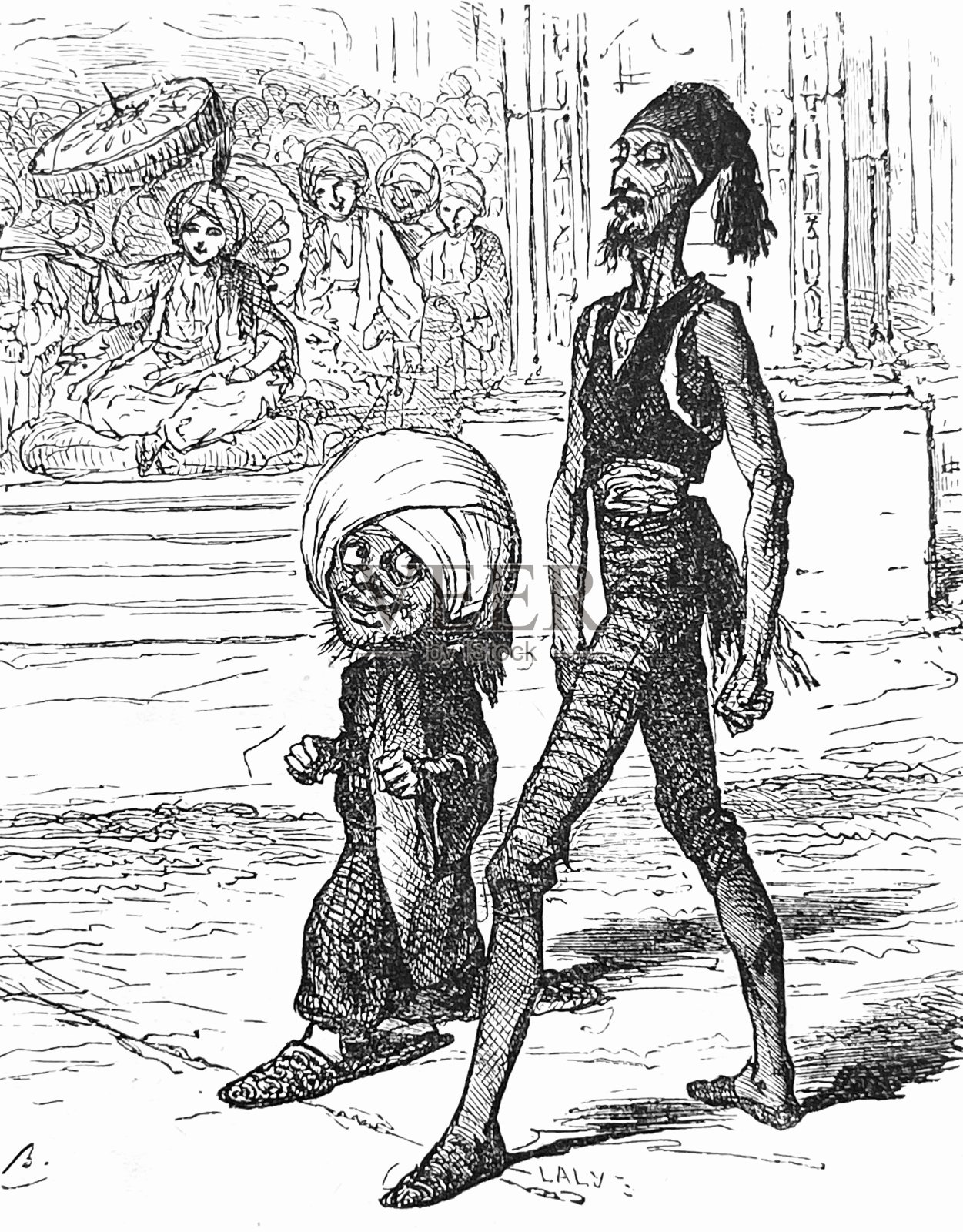 亚洲侏儒和阿拉伯舞者说话插画图片素材