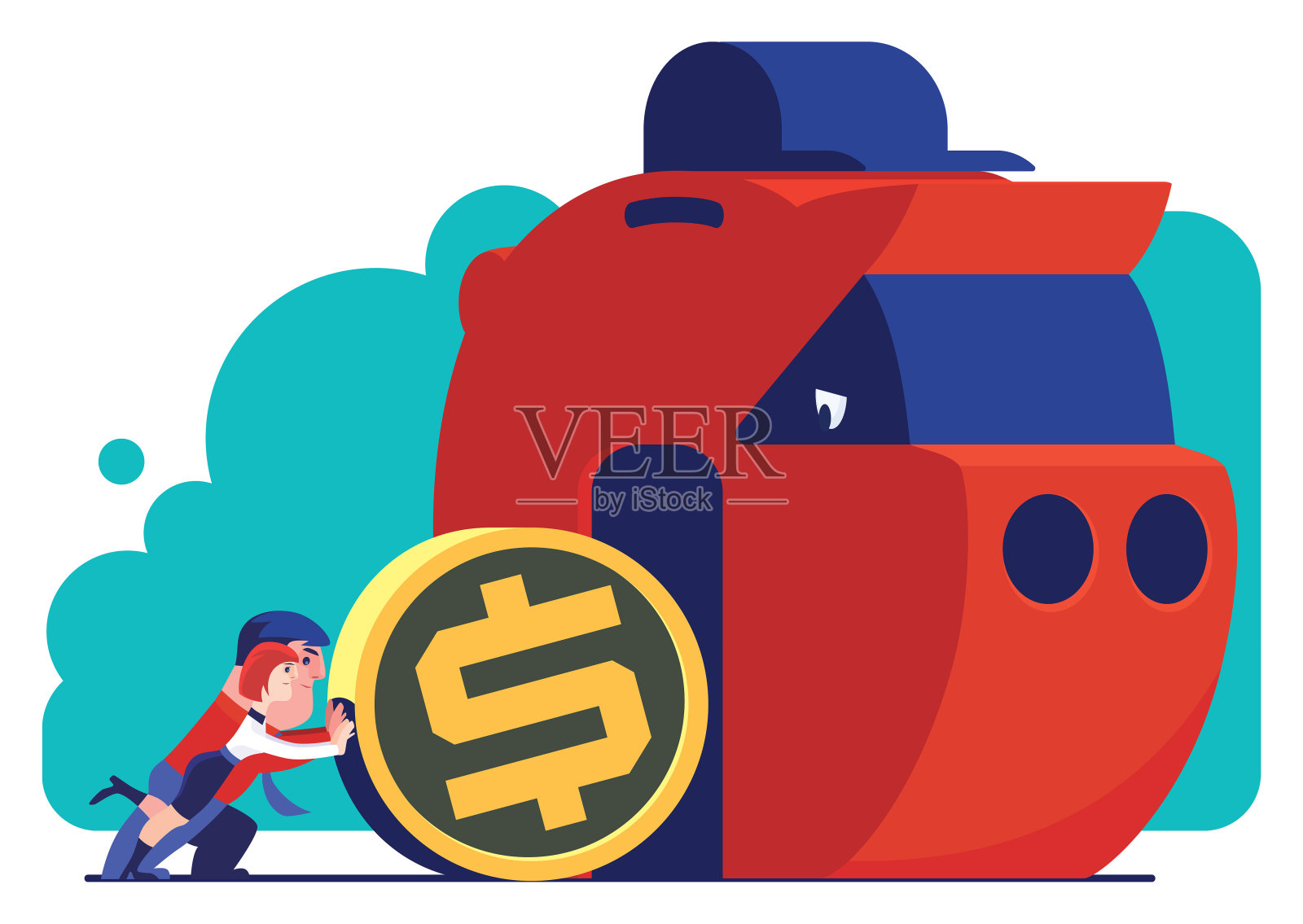 一对夫妇带着钱去骗小猪存钱罐插画图片素材