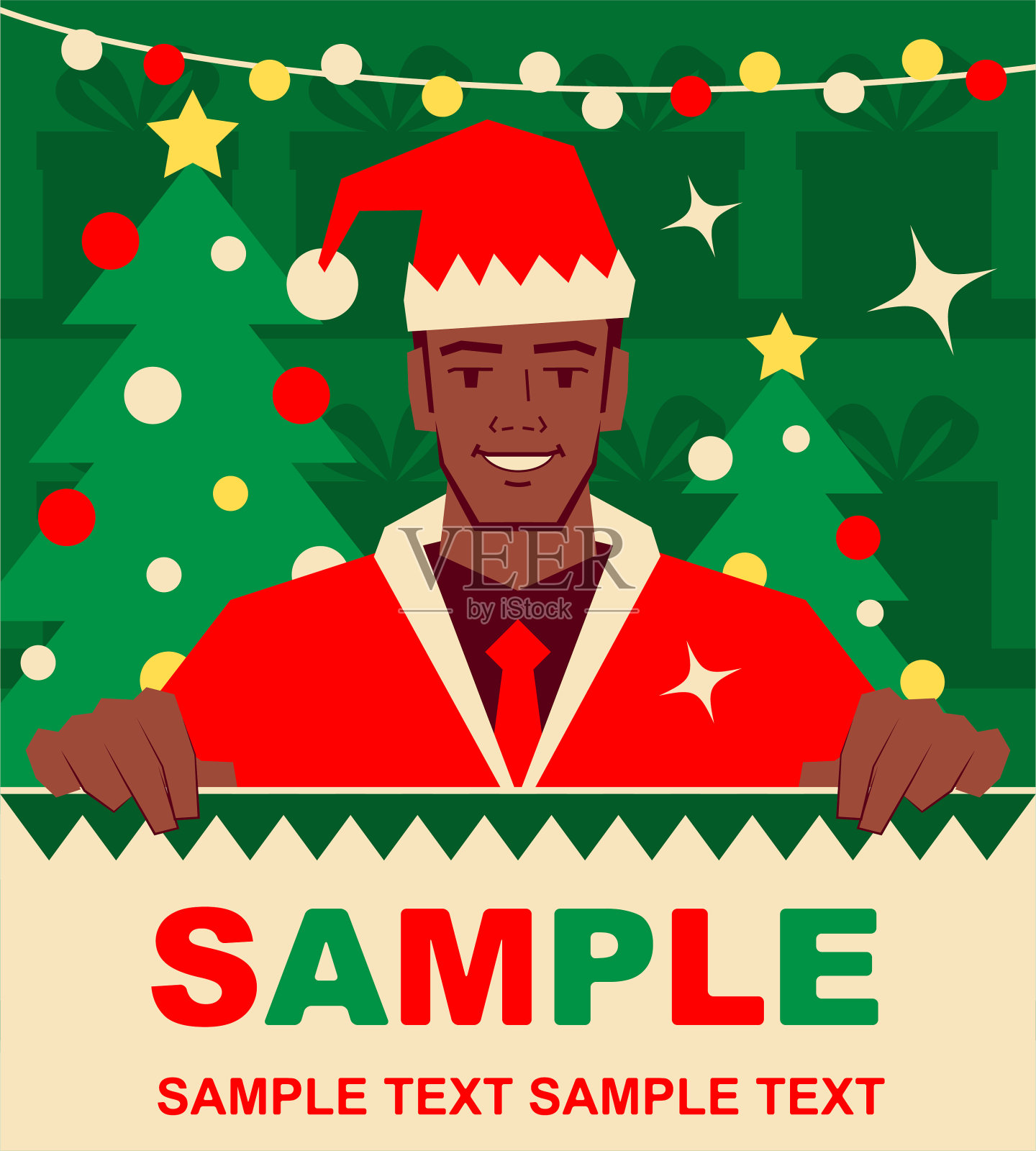 微笑英俊的非洲人穿着圣诞老人衣服拿着空白的牌子设计模板素材