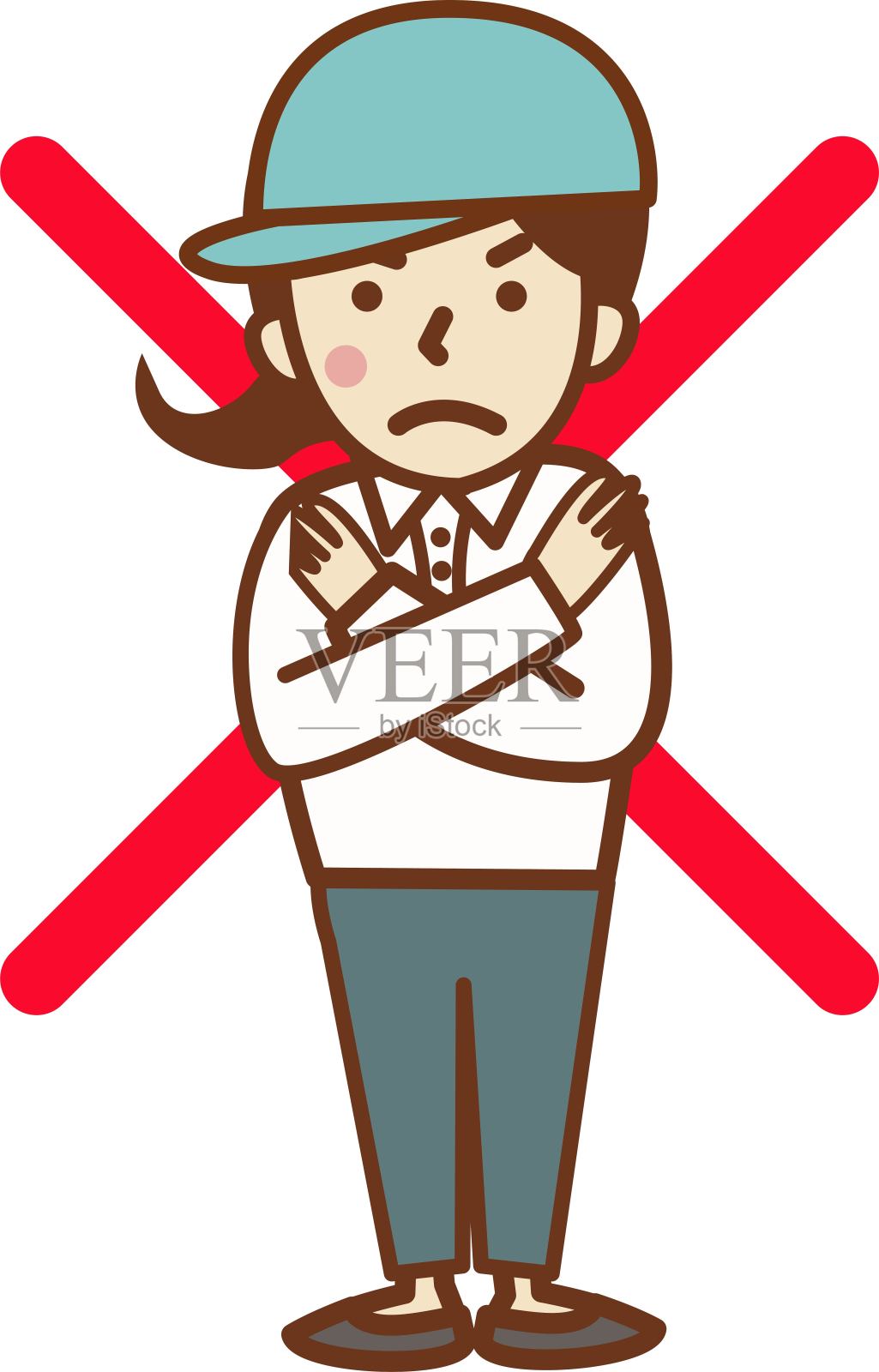 戴着帽子，摆着禁止姿势的女工人。插画图片素材